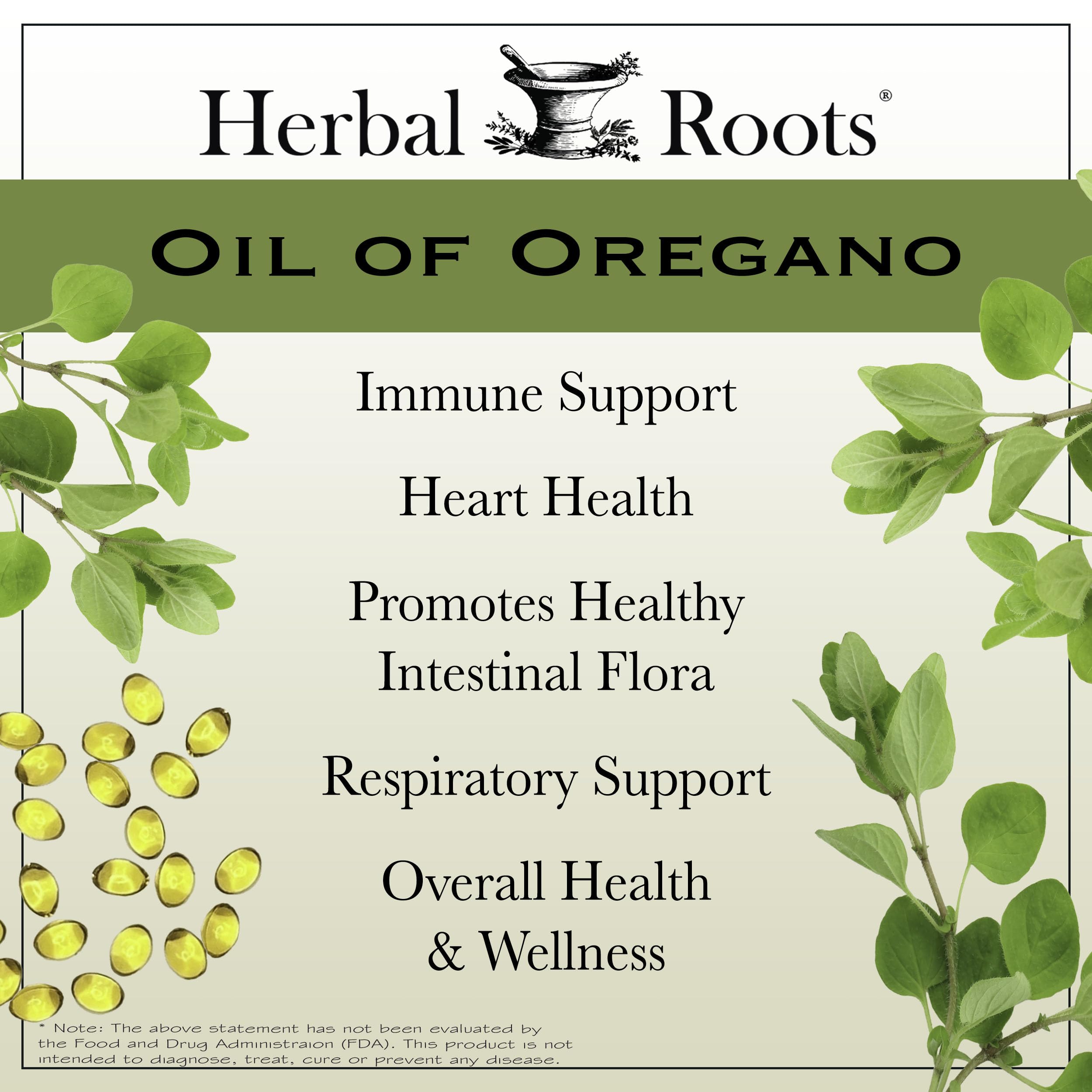 Herbal Roots Oregano Oil Capsules back view with nutritional information