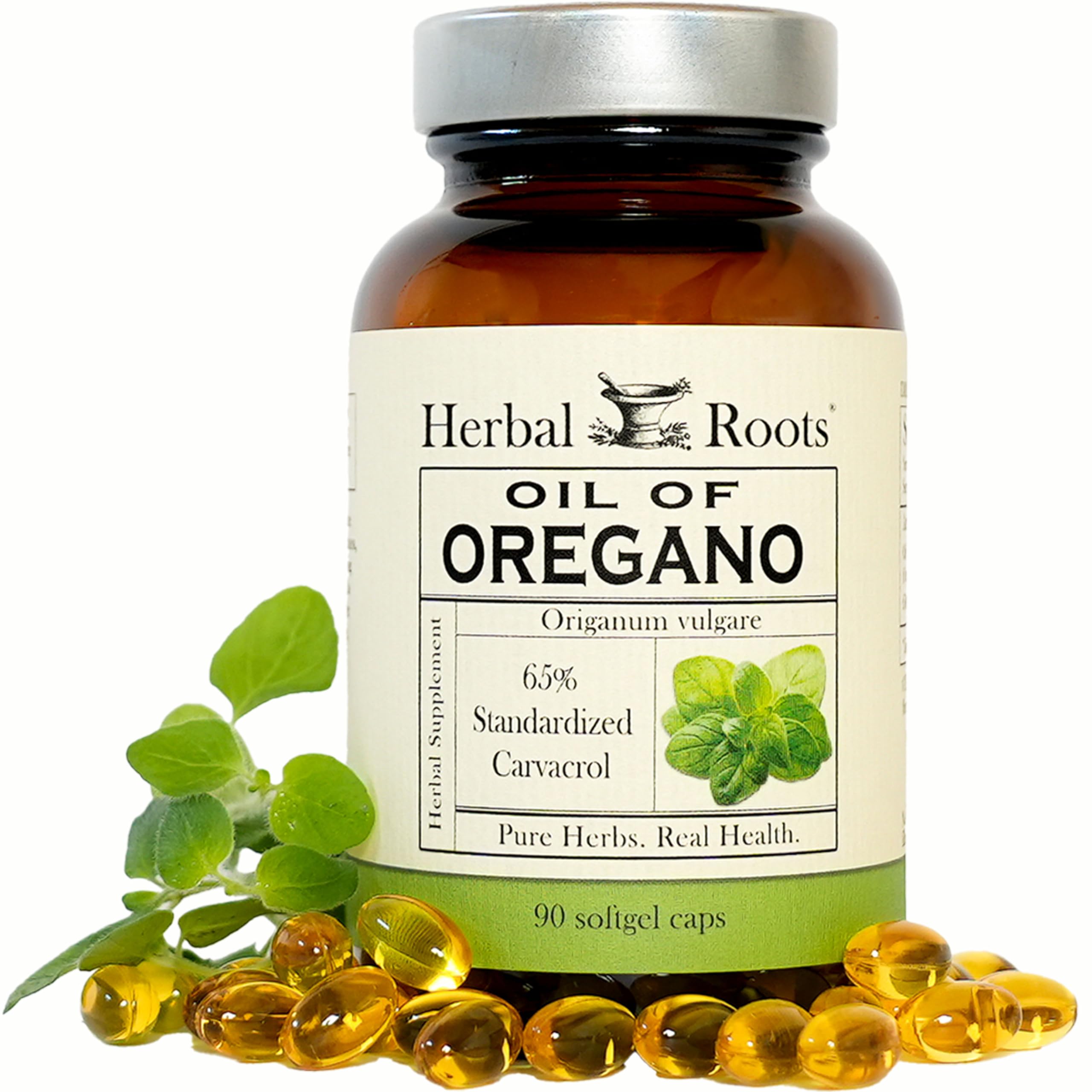 Herbal Roots Oregano Oil Capsules front view with packaging