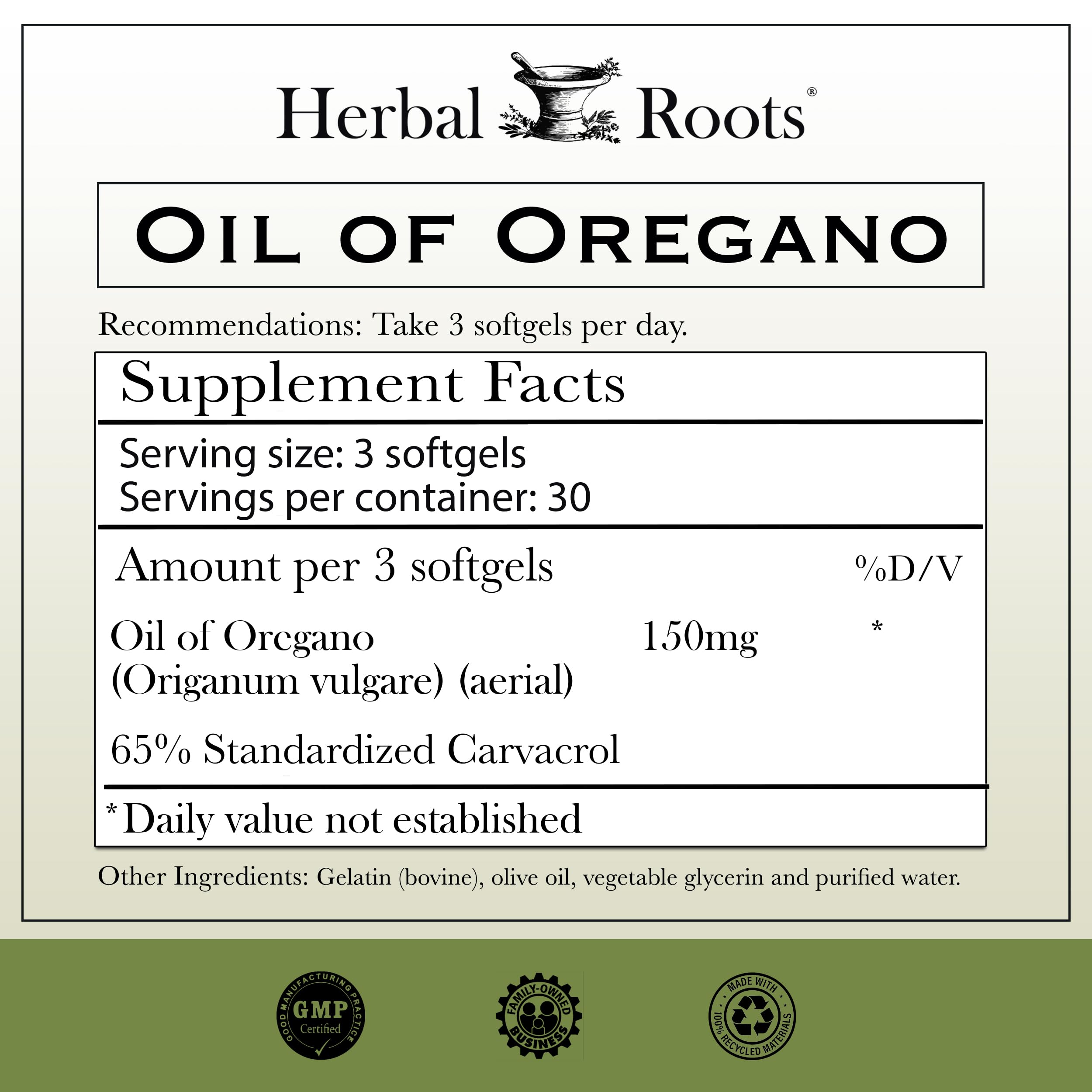 Herbal Roots Oregano Oil Capsules side view showing ingredients