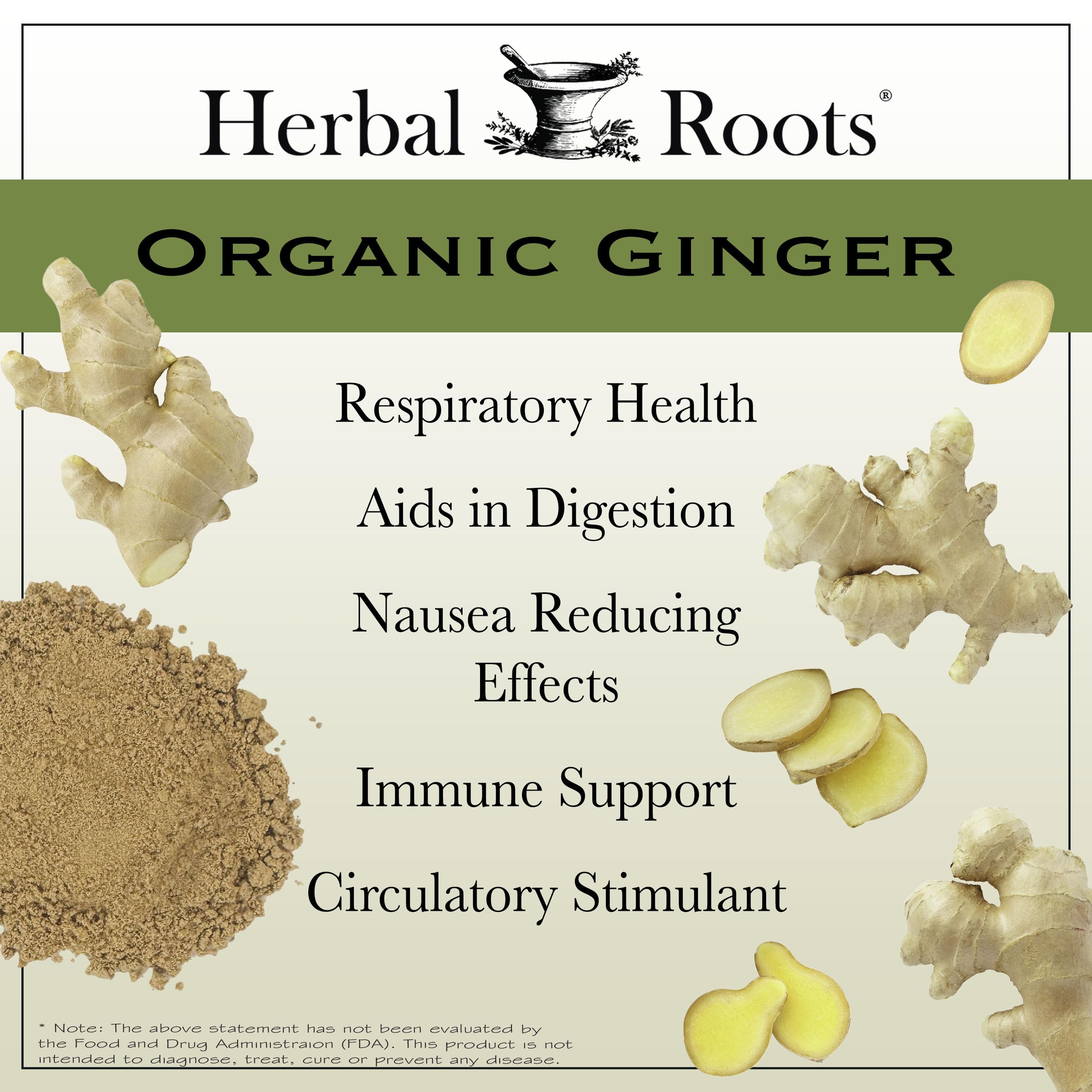 Herbal Roots Organic Ginger Root Capsules back view with ingredient list