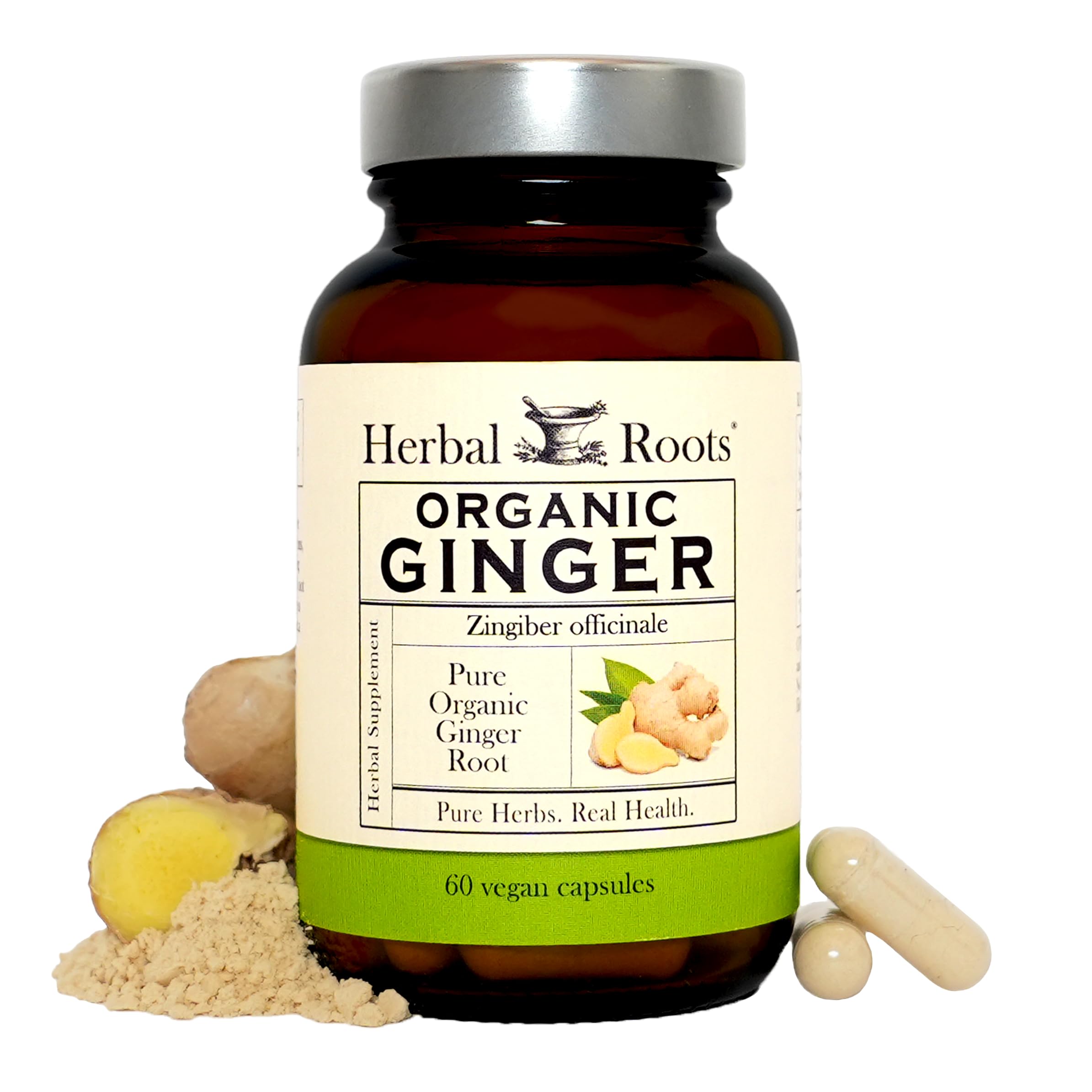 Herbal Roots Organic Ginger Root Capsules front view with packaging