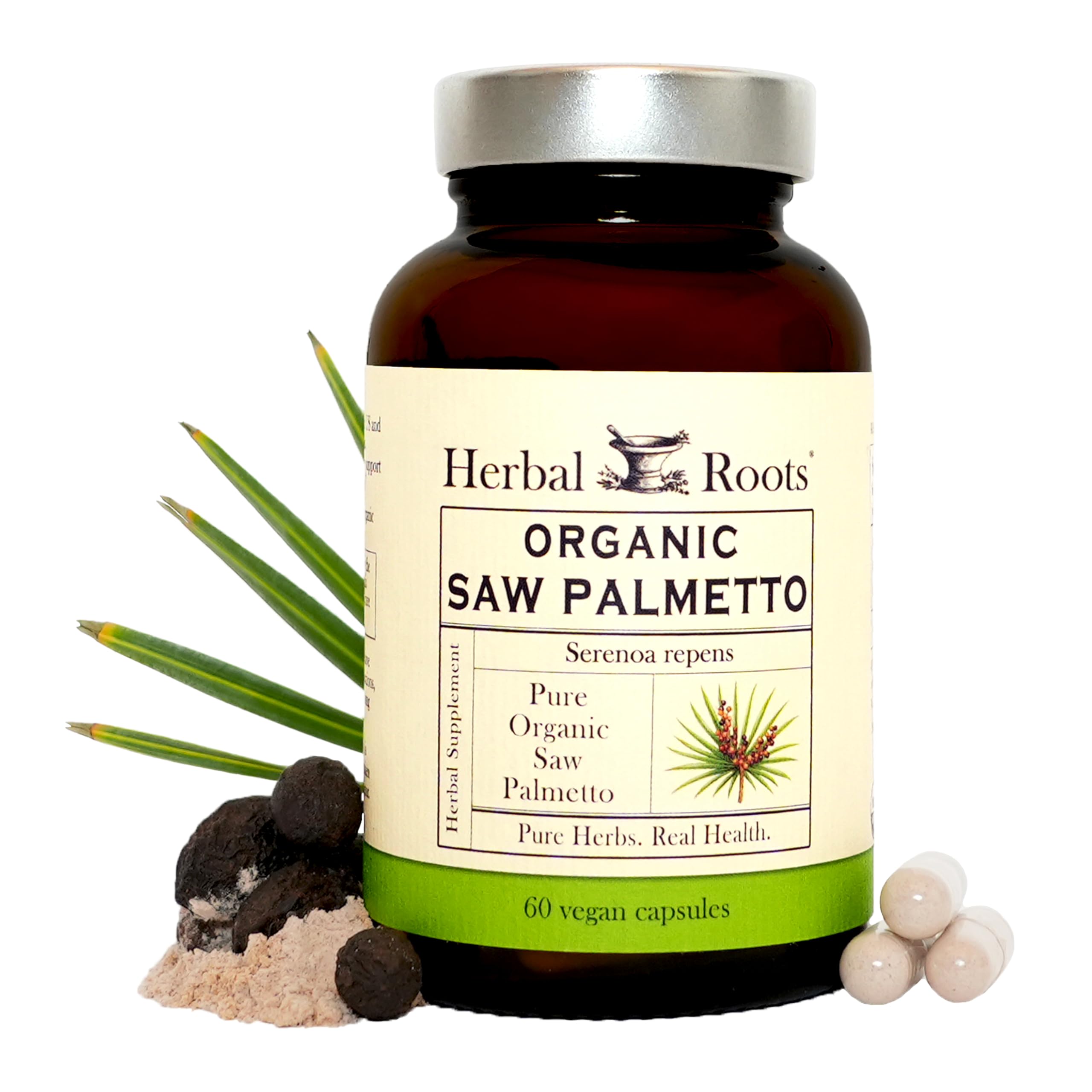 Herbal Roots Saw Palmetto Capsules bottle front view