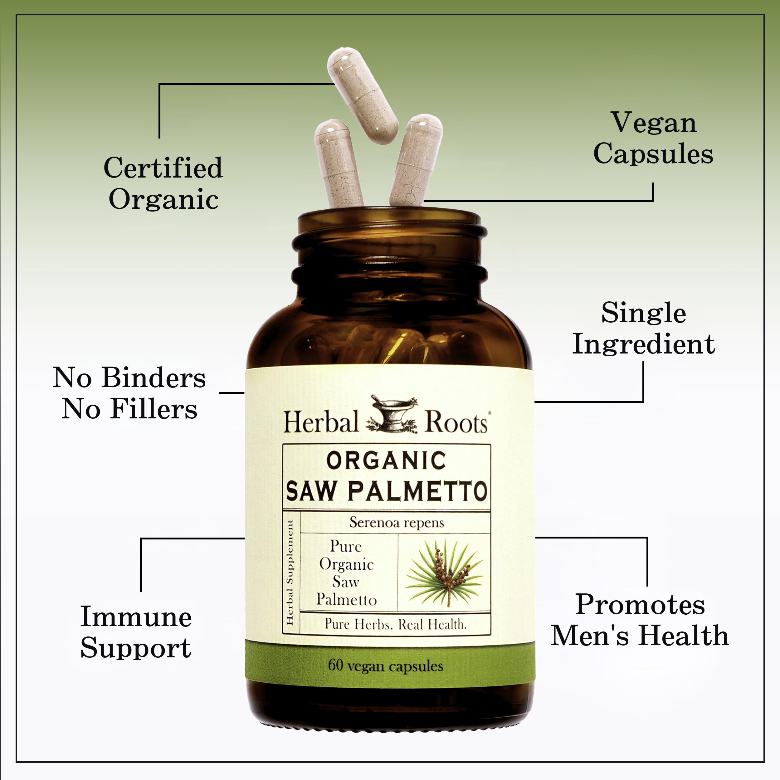 Herbal Roots Saw Palmetto Capsules on a wooden table