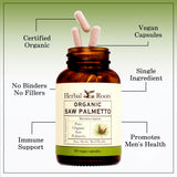 Herbal Roots Saw Palmetto Capsules on a wooden table