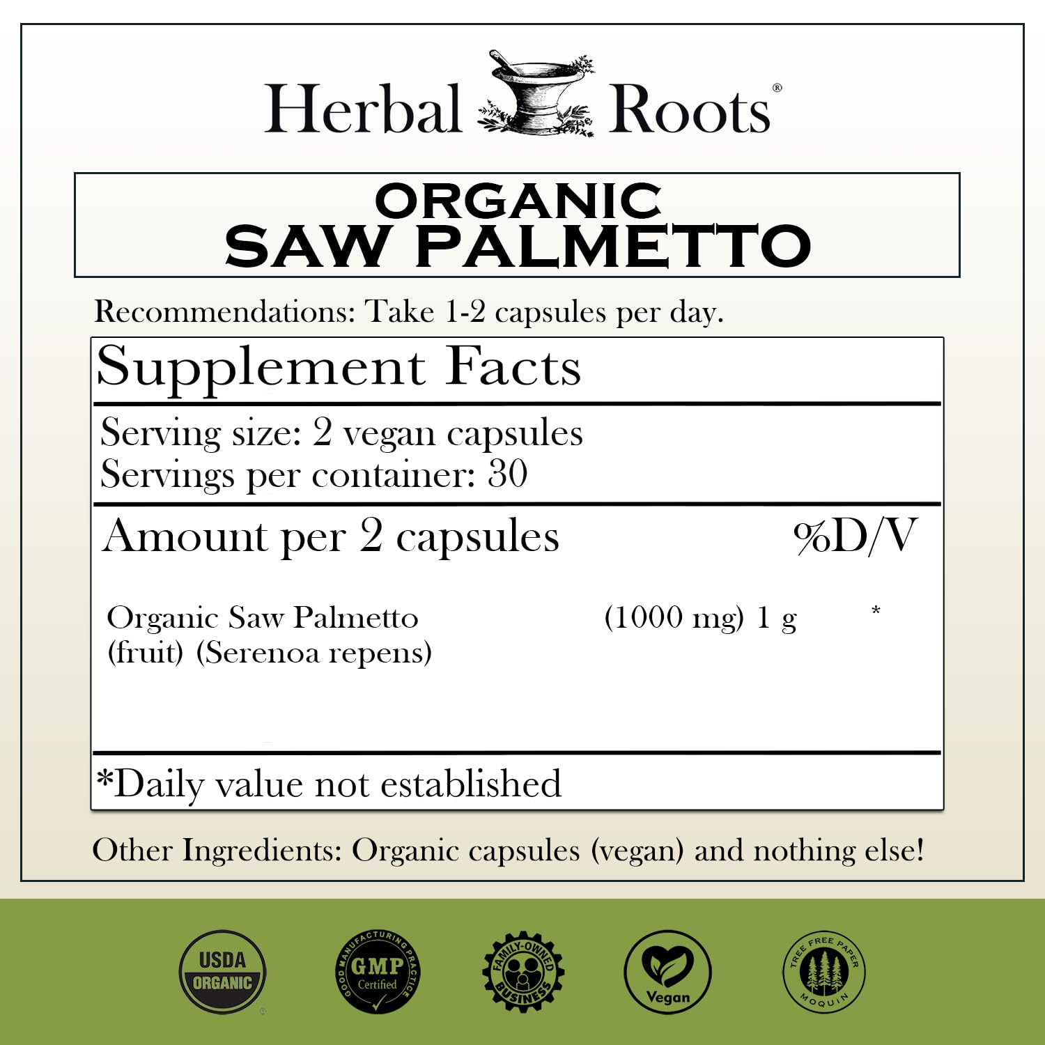 Herbal Roots Saw Palmetto Capsules side view