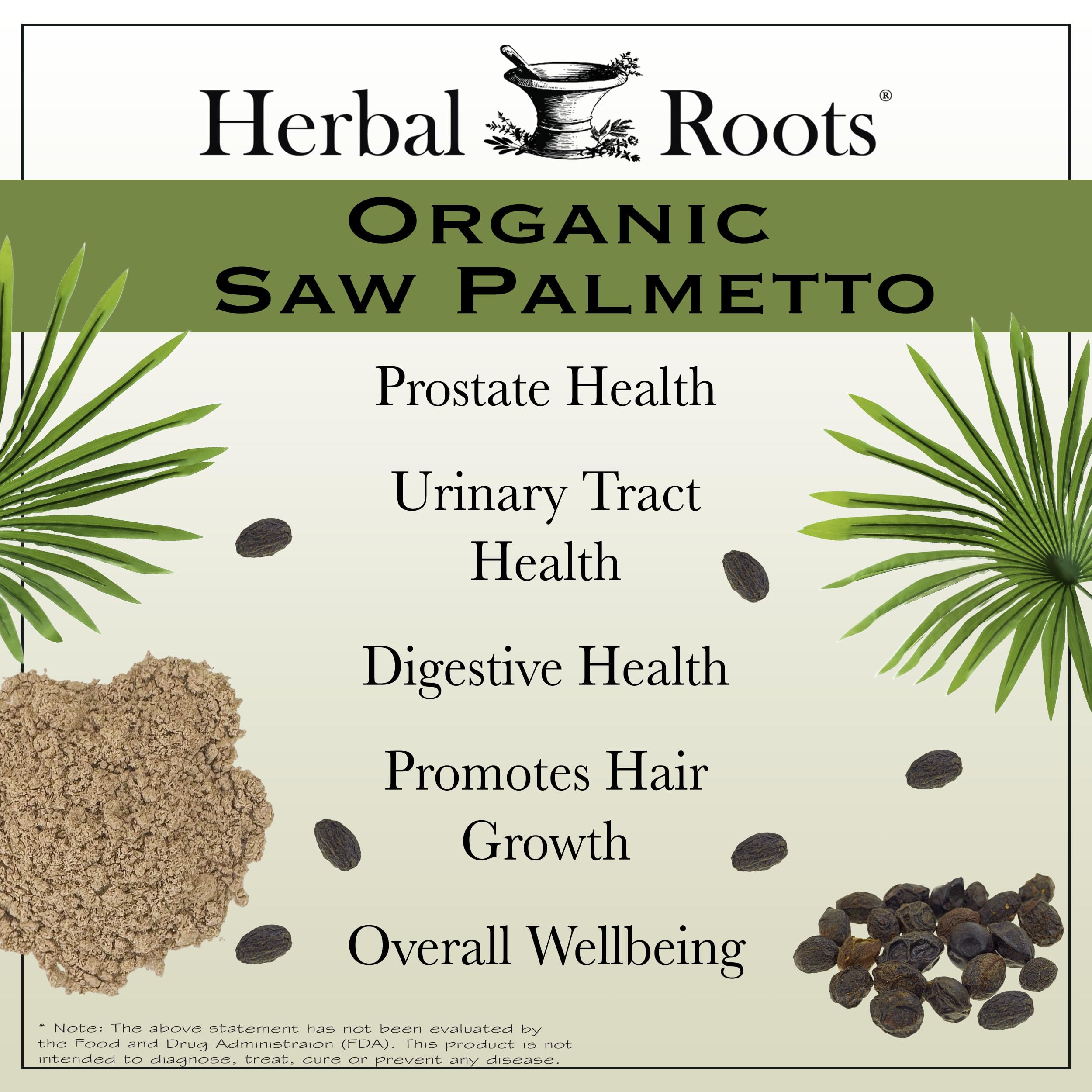 Herbal Roots Saw Palmetto Capsules with a measuring spoon