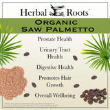 Herbal Roots Saw Palmetto Capsules with a measuring spoon