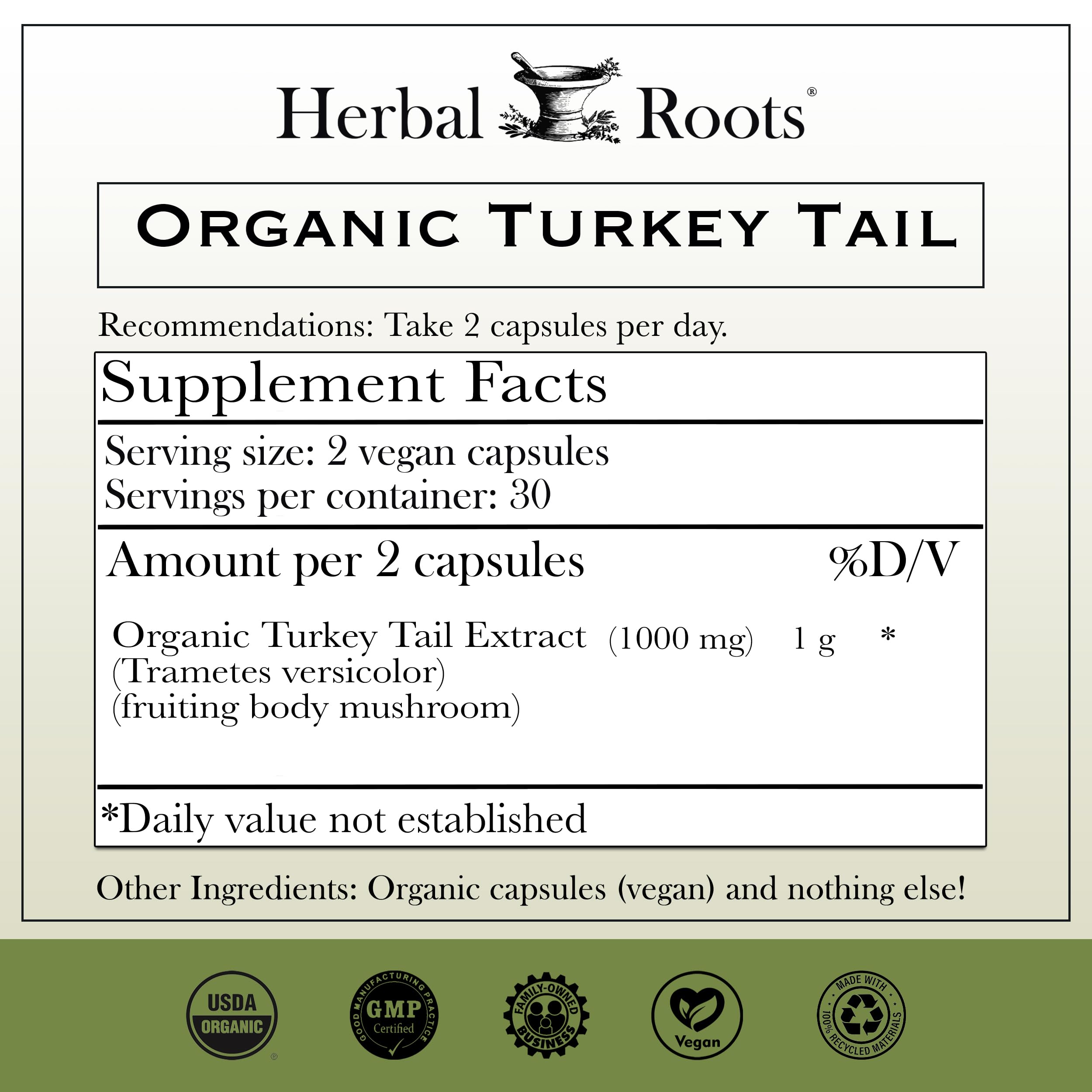 Herbal Roots Turkey Tail Mushroom Extract Capsules side view