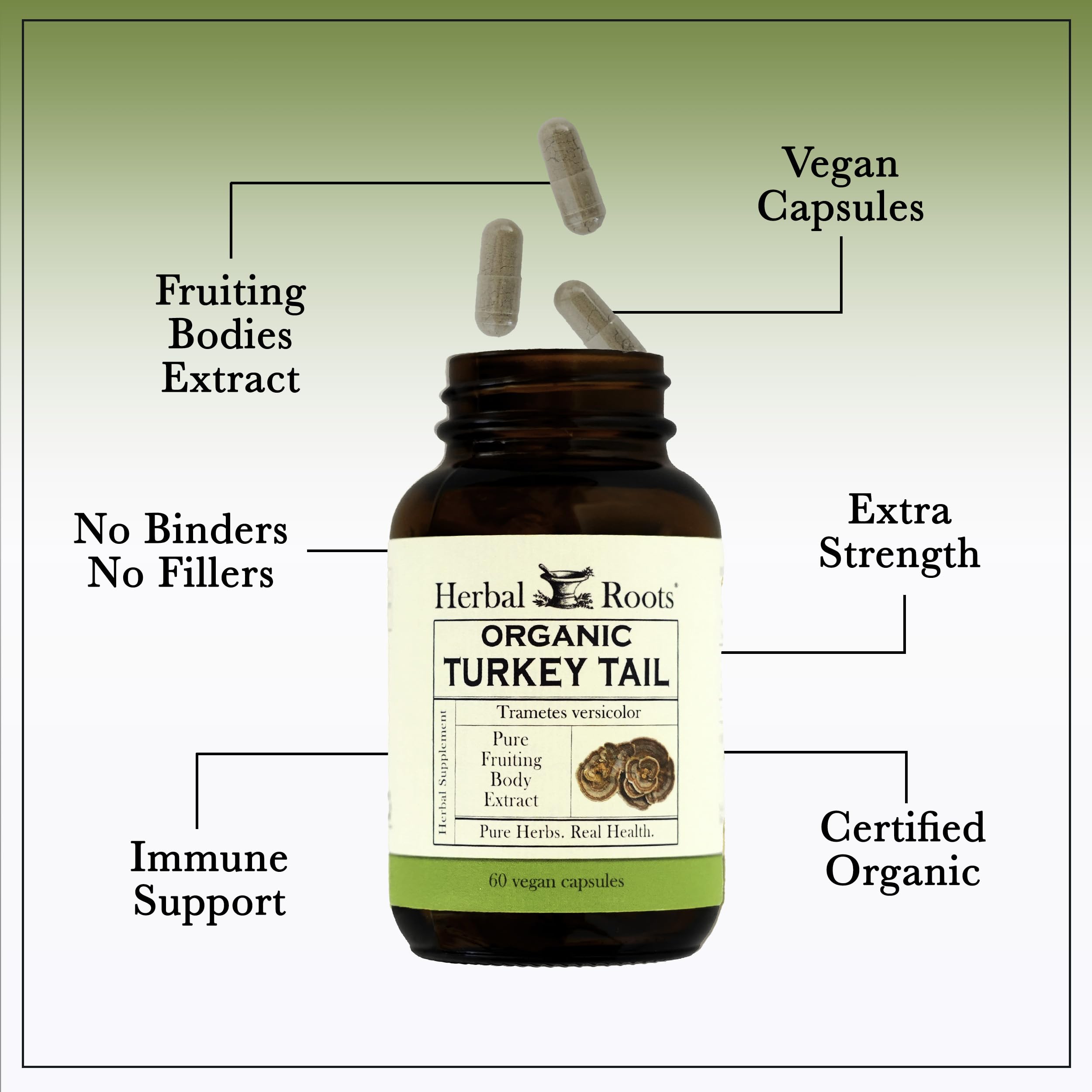 Herbal Roots Turkey Tail Mushroom Extract Capsules with vegan label