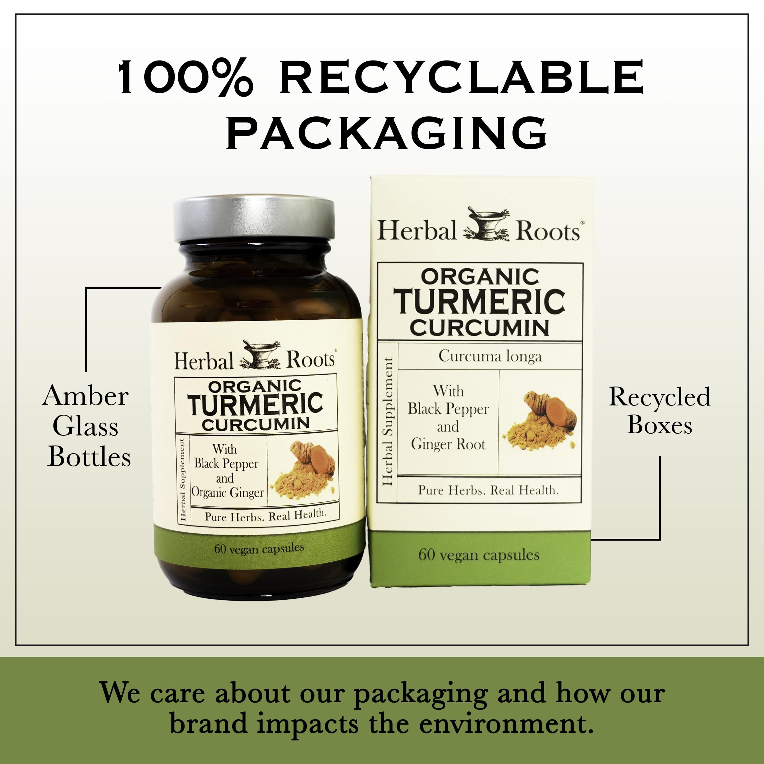 Herbal Roots Turmeric Supplement bottle with a measuring spoon