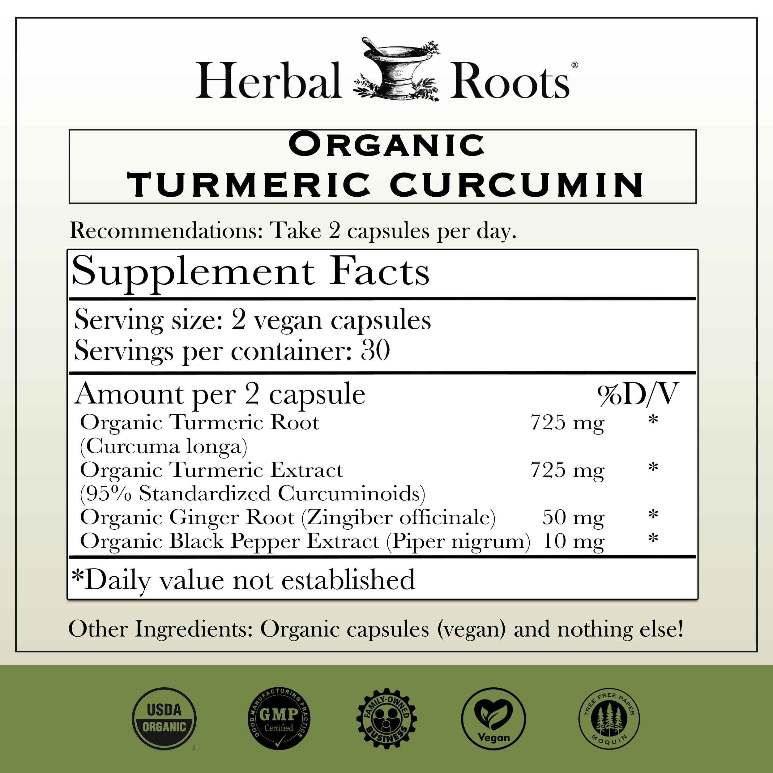Herbal Roots Turmeric Supplement ingredients list on packaging