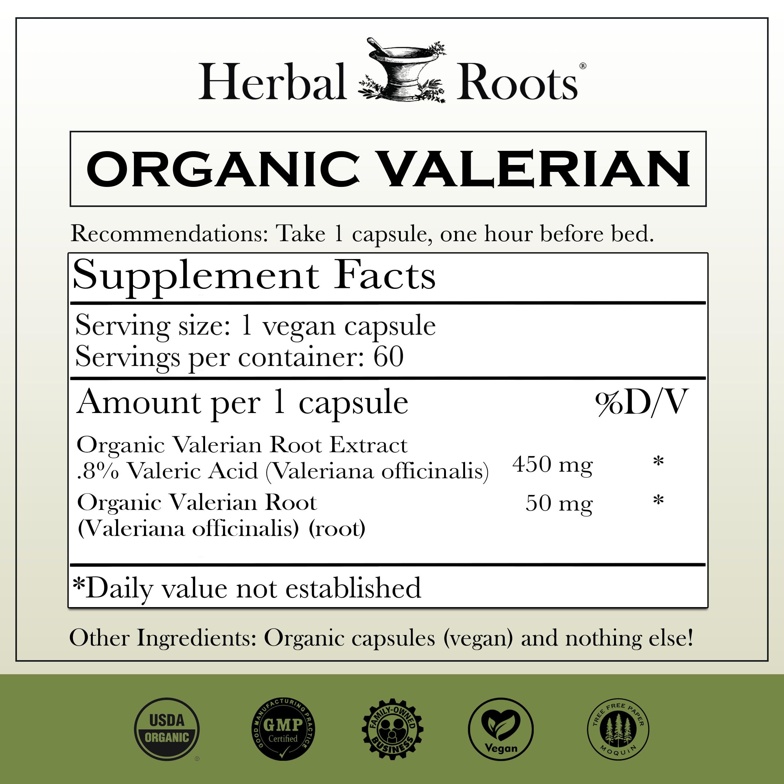 Herbal Roots Valerian Root Capsules side view with packaging