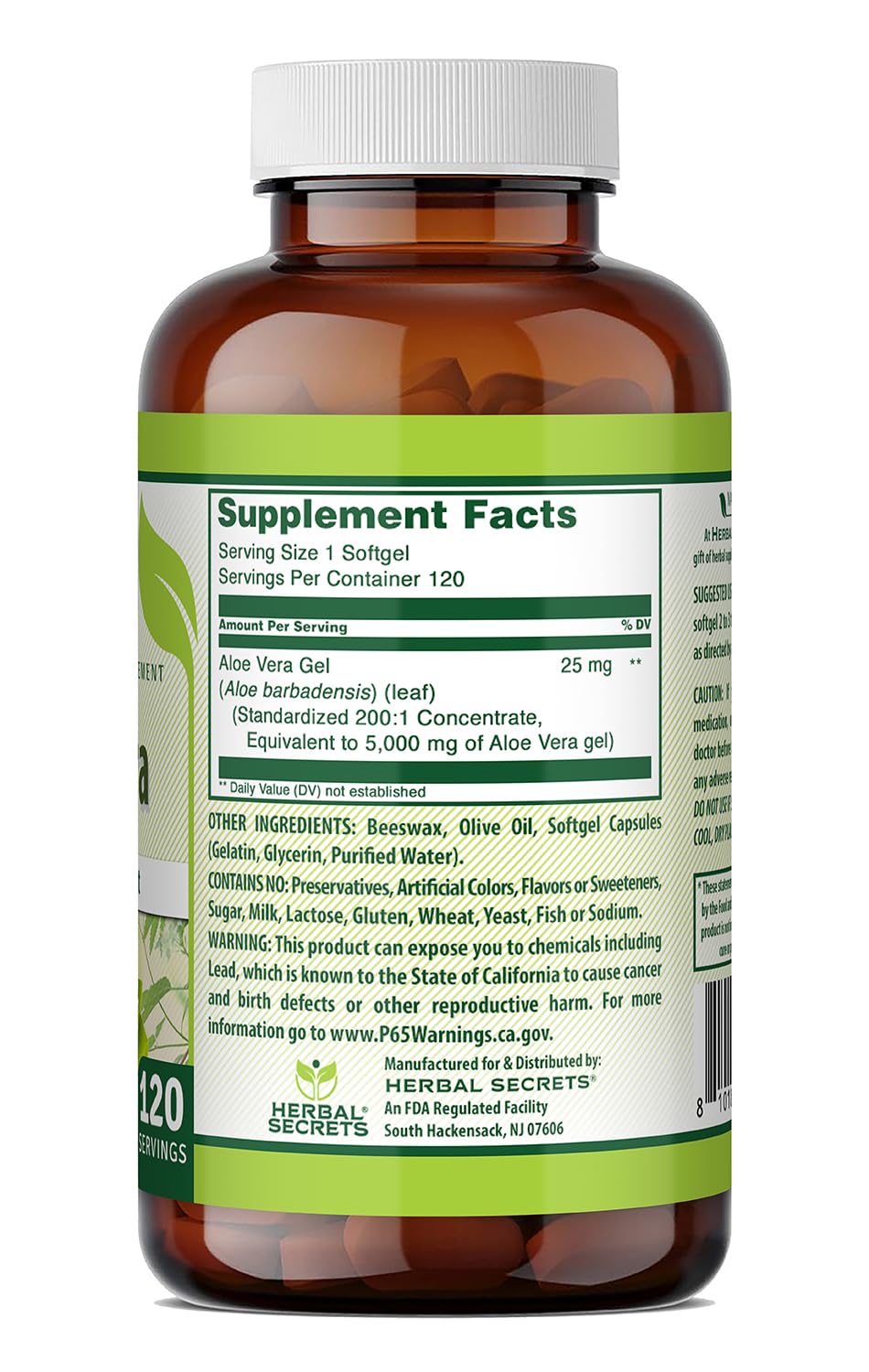 Herbal Secrets Aloe Vera Softgels side view with label