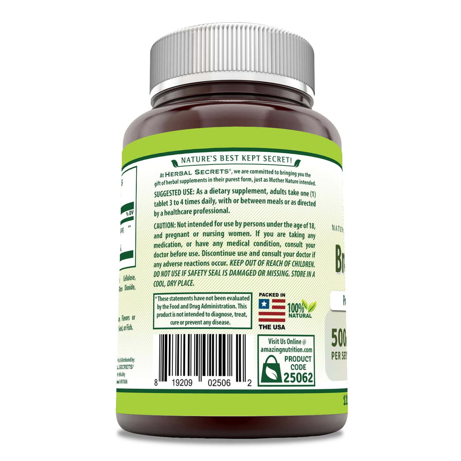 Herbal Secrets Bromelain 500 Mg Supplement bottle side view