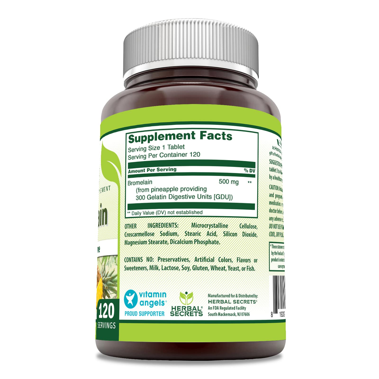 Herbal Secrets Bromelain 500 Mg Supplement tablets on a surface