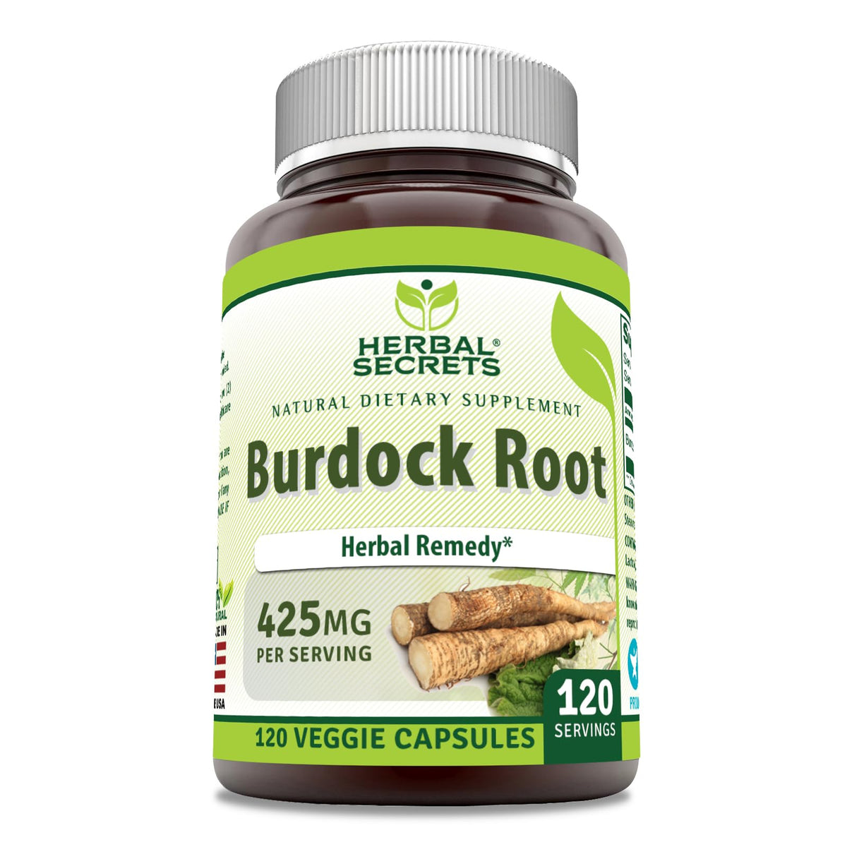 Herbal Secrets Burdock Root Supplement 425 Mg 120 Veggie Capsules front view