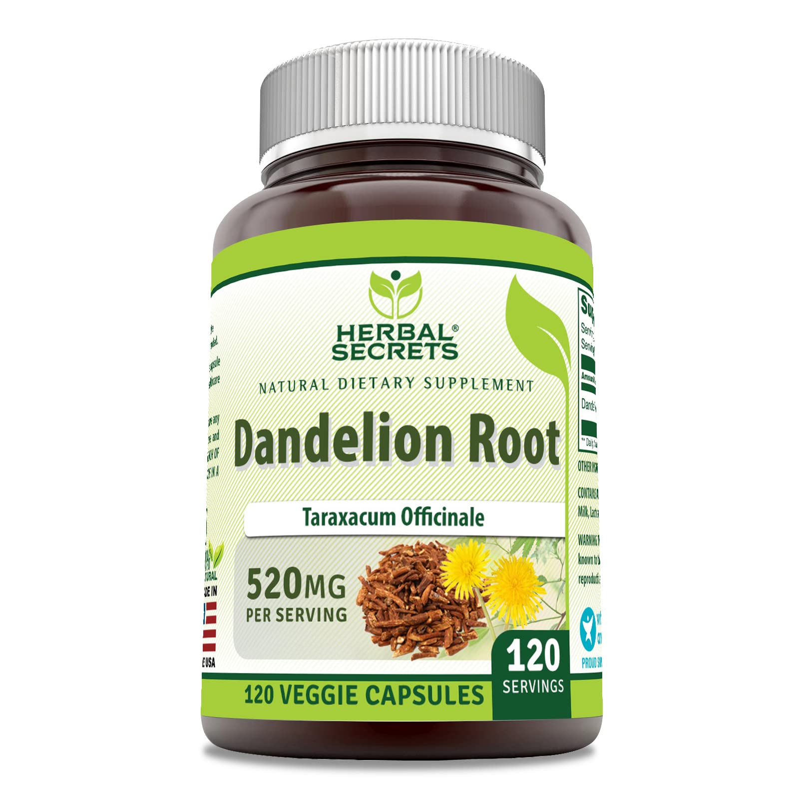 Herbal Secrets Dandelion Root Supplement 520mg bottle front view