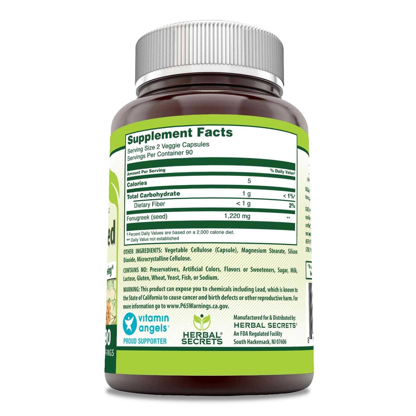 Herbal Secrets Fenugreek Supplement 90 veggie capsules bottle