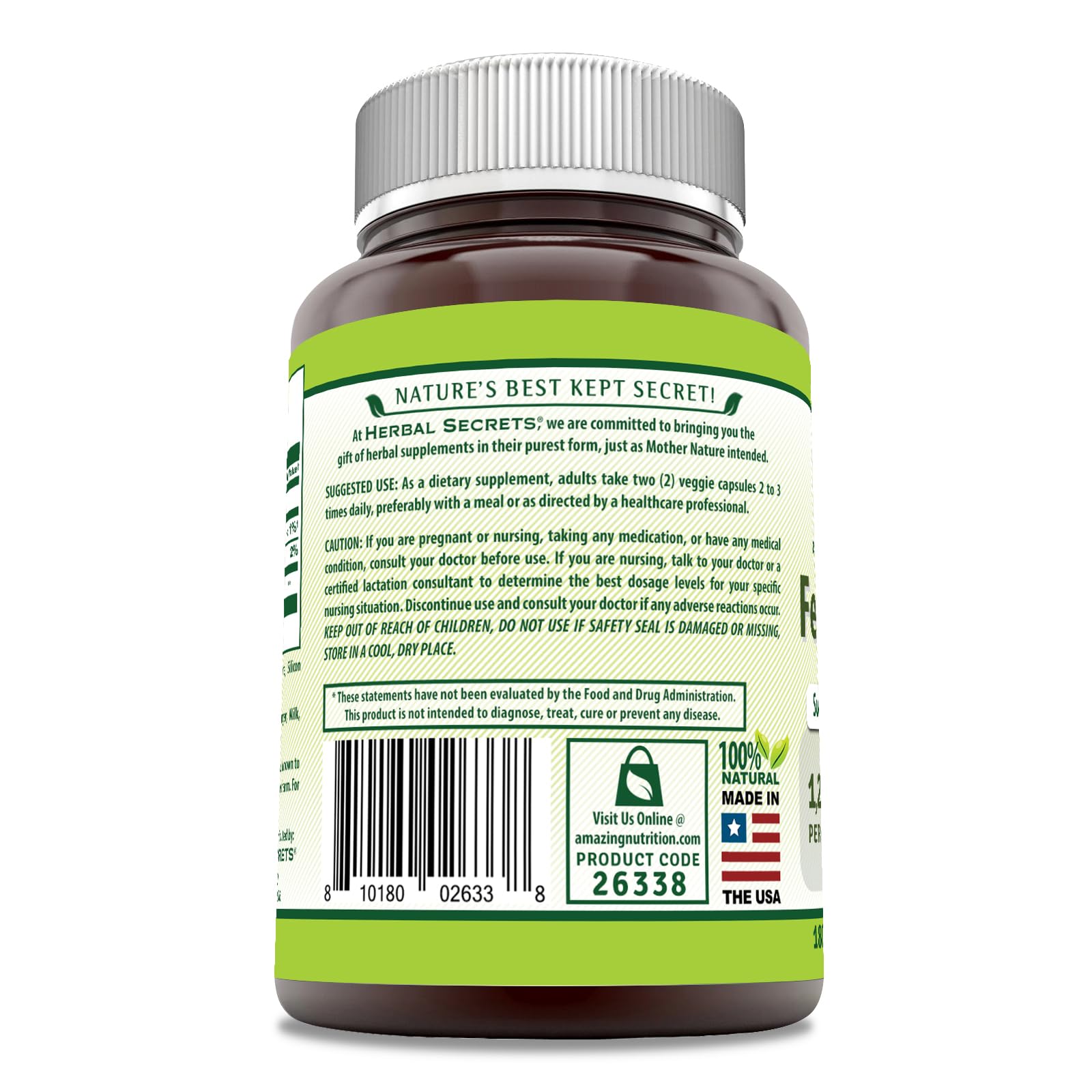 Herbal Secrets Fenugreek Supplement side view with dosage details