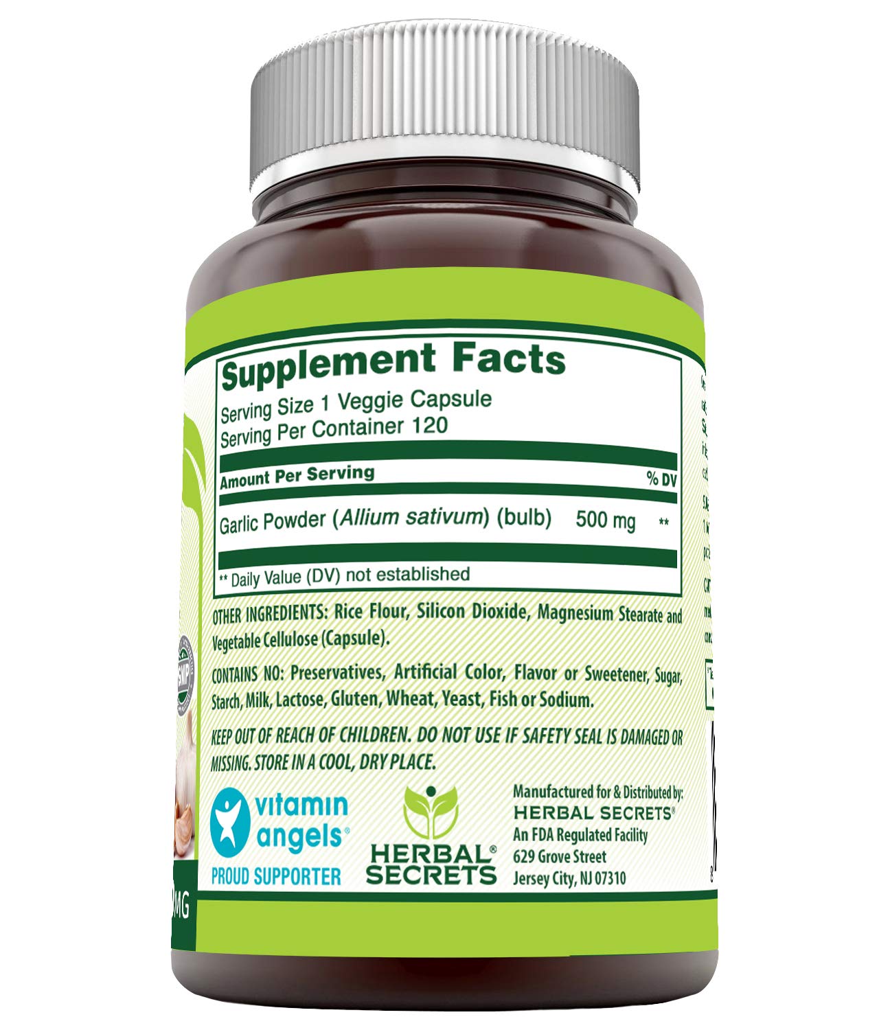 Herbal Secrets Garlic Supplement 500mg veggie capsules close-up