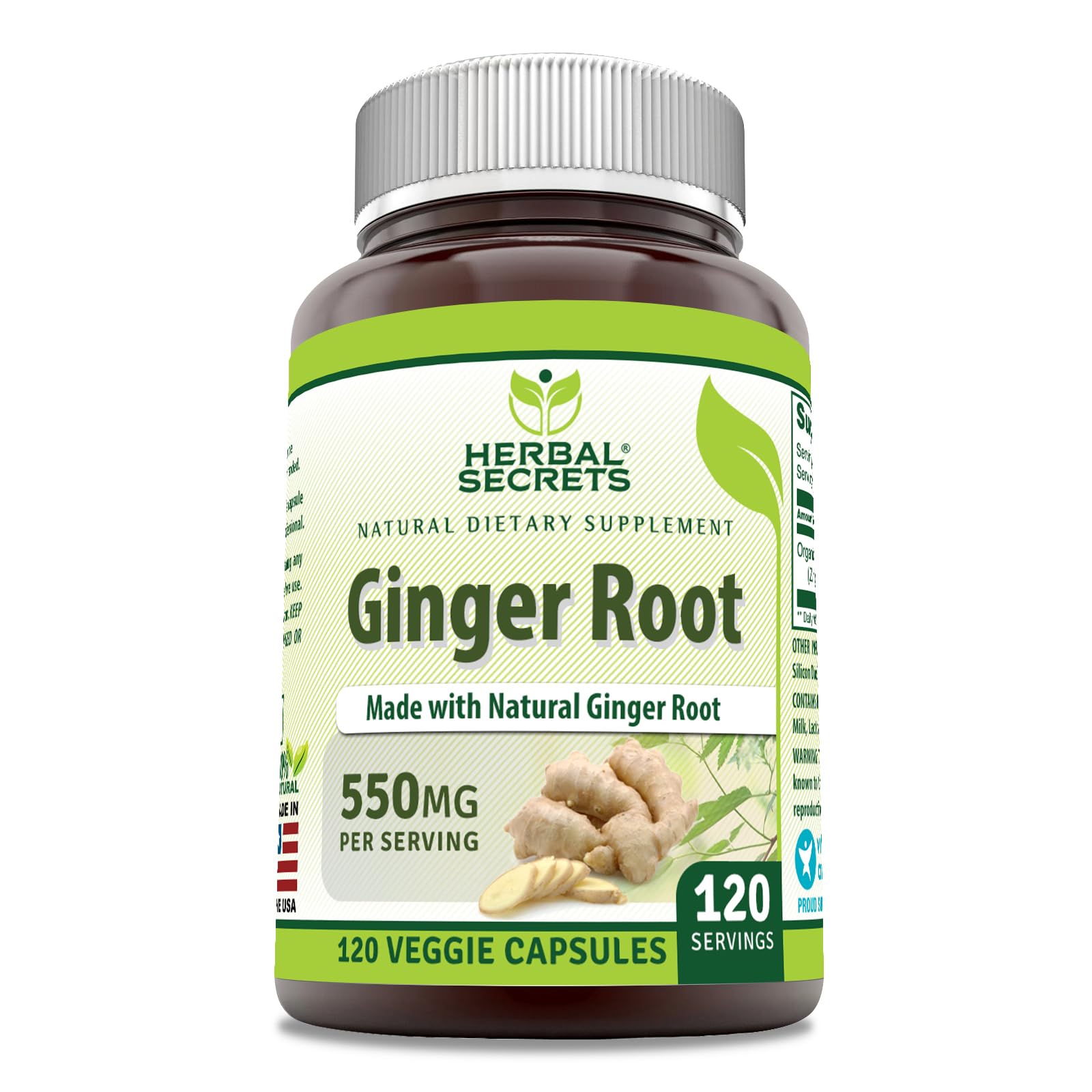 Herbal Secrets Ginger Root Supplement 550mg front view