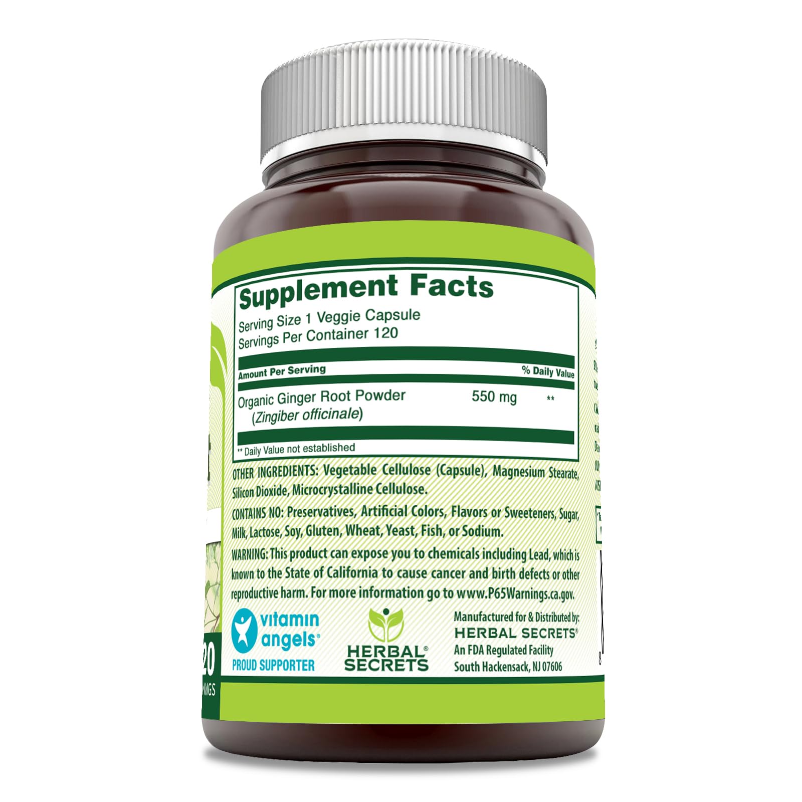Herbal Secrets Ginger Root Supplement 550mg packaging and label