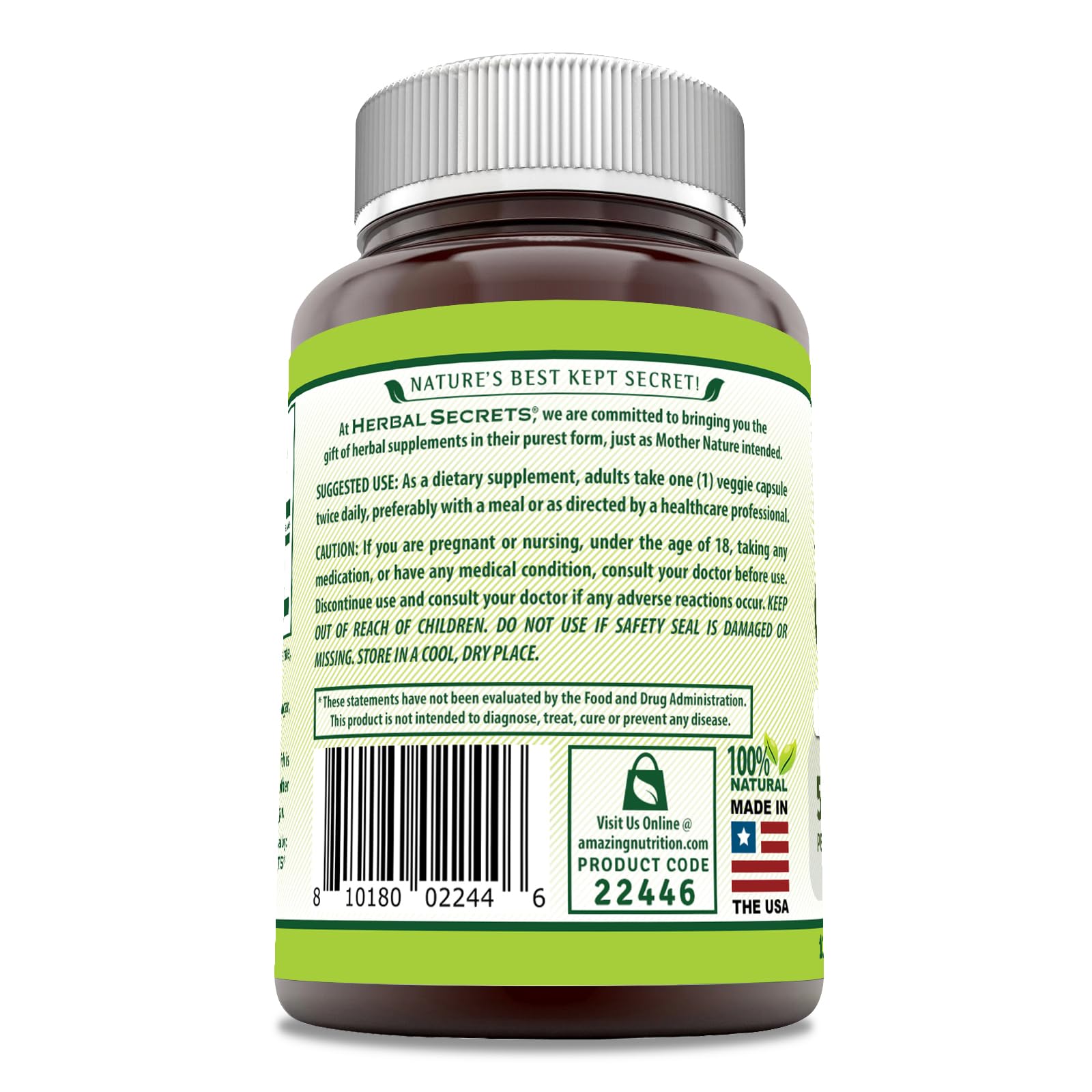 Herbal Secrets Ginger Root Supplement 550mg side view with dosage details