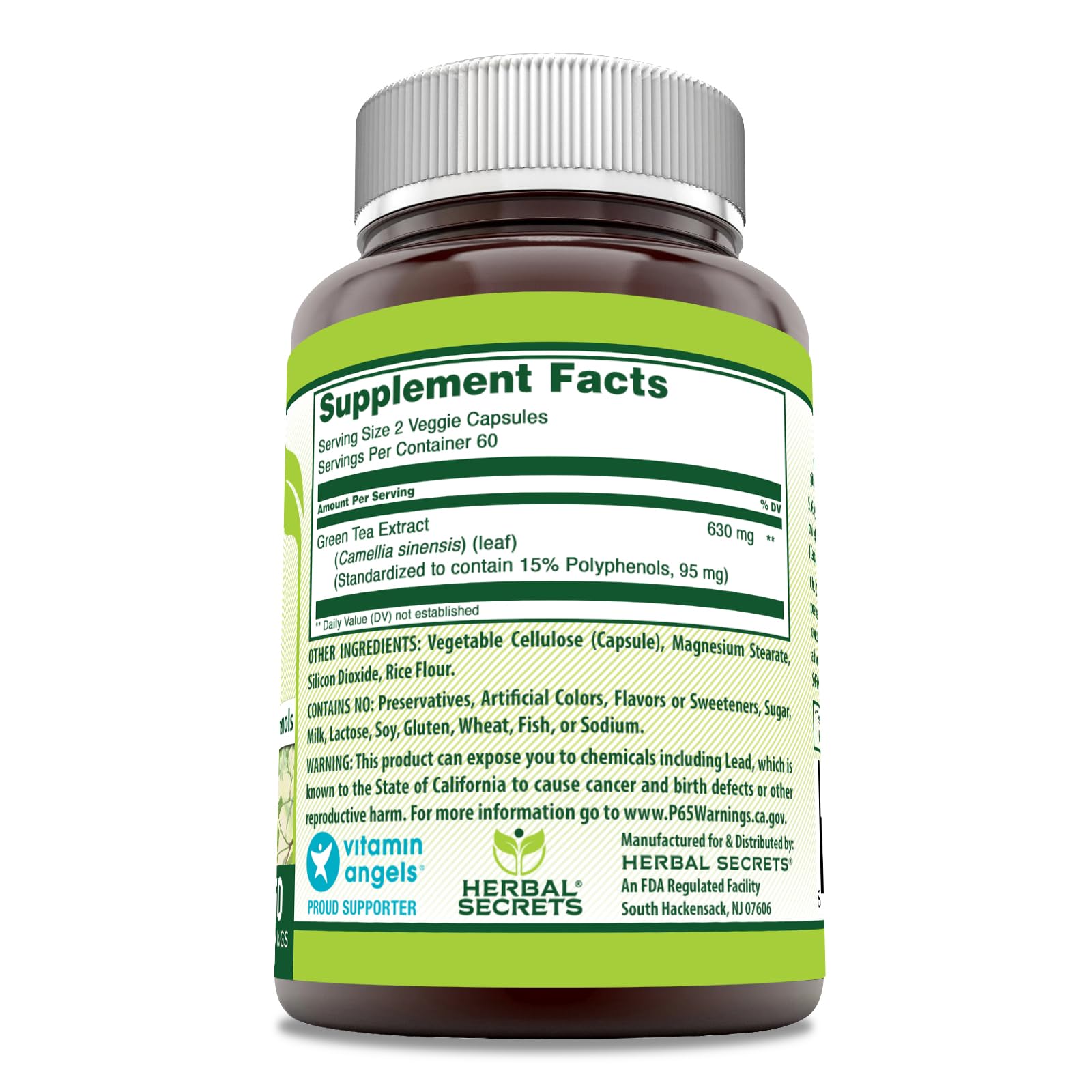 Herbal Secrets Green Tea Extract 630mg Supplement side view showing capsule
