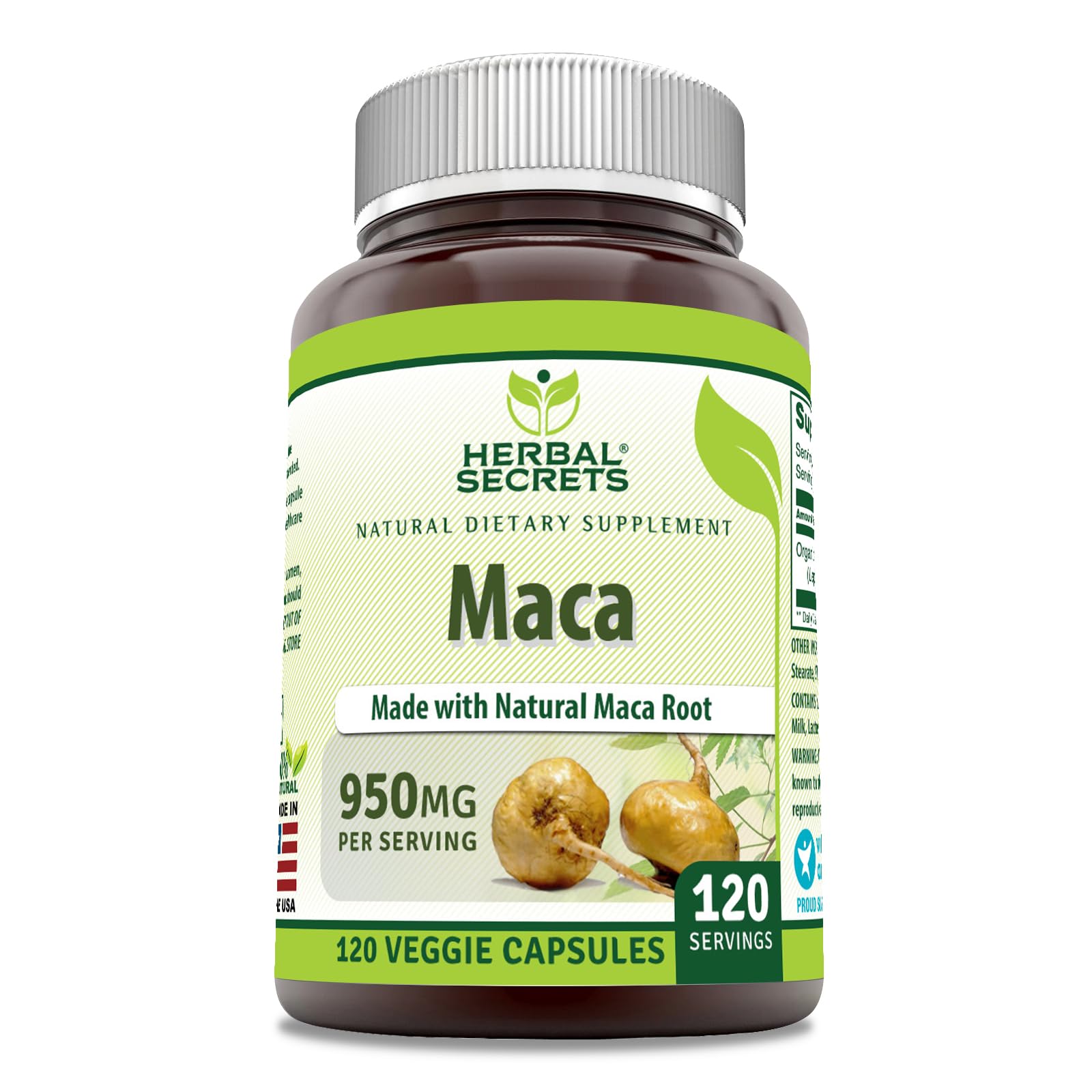Herbal Secrets Maca Supplement 950mg bottle front view