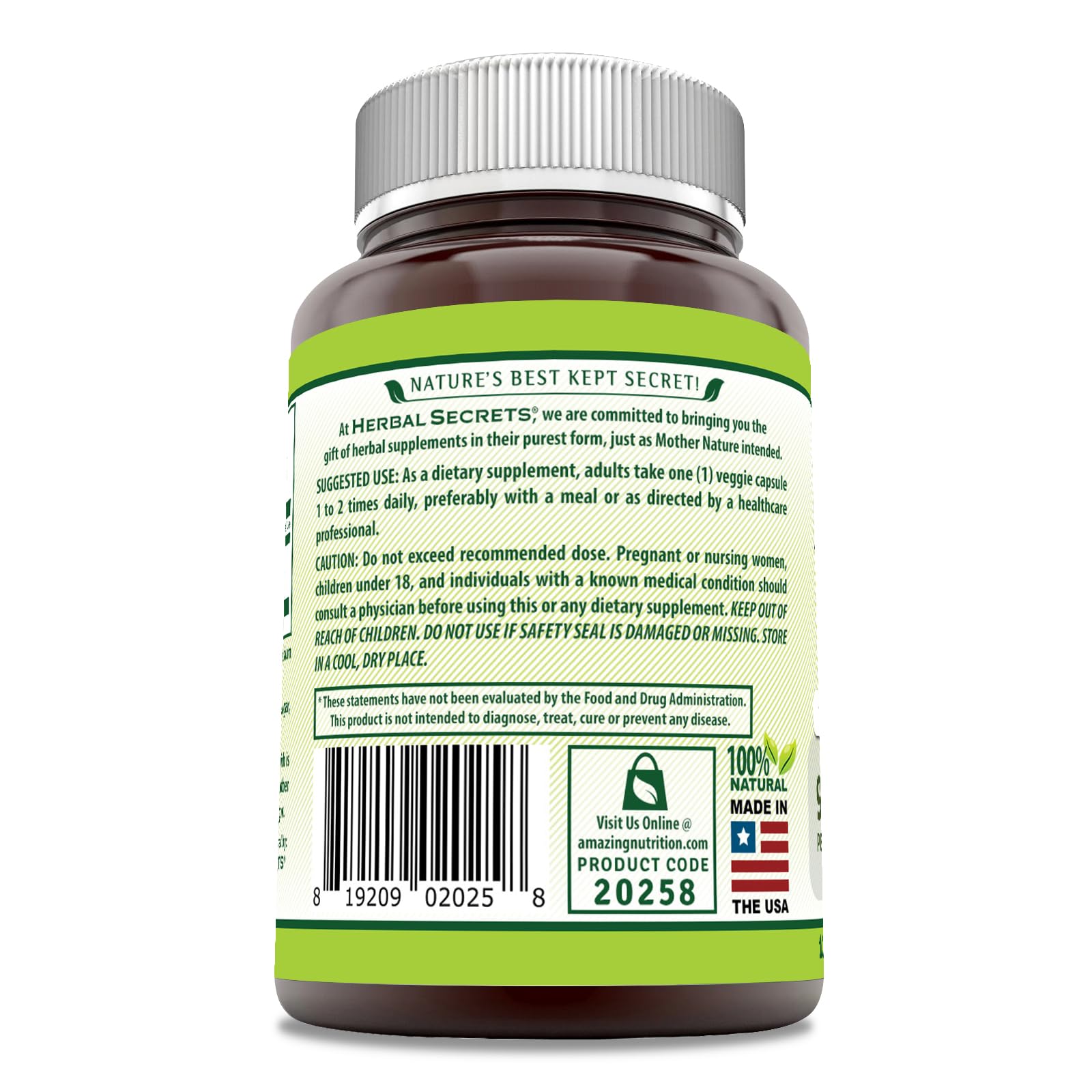 Herbal Secrets Maca Supplement 950mg bottle side view with label