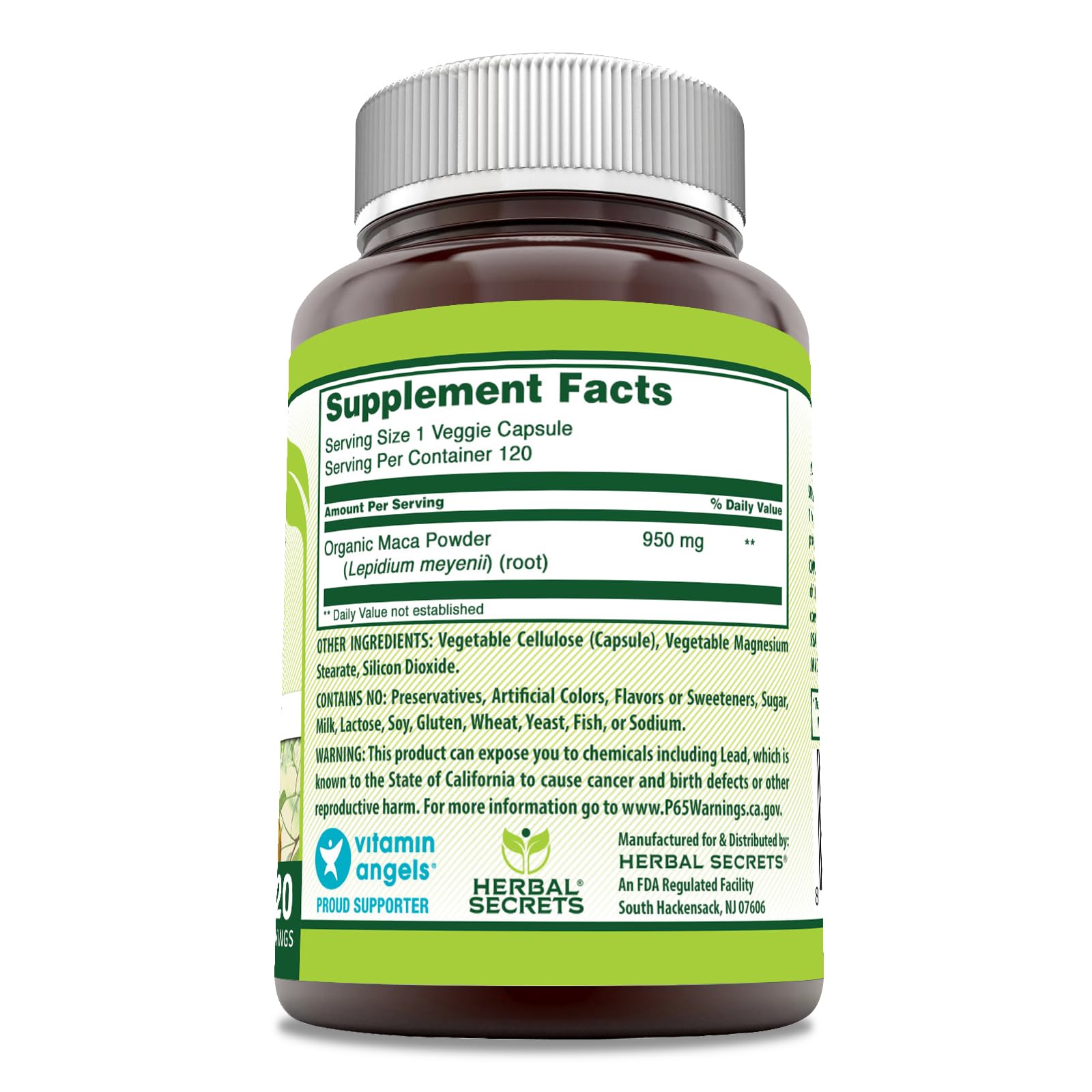 Herbal Secrets Maca Supplement 950mg veggie capsules close-up