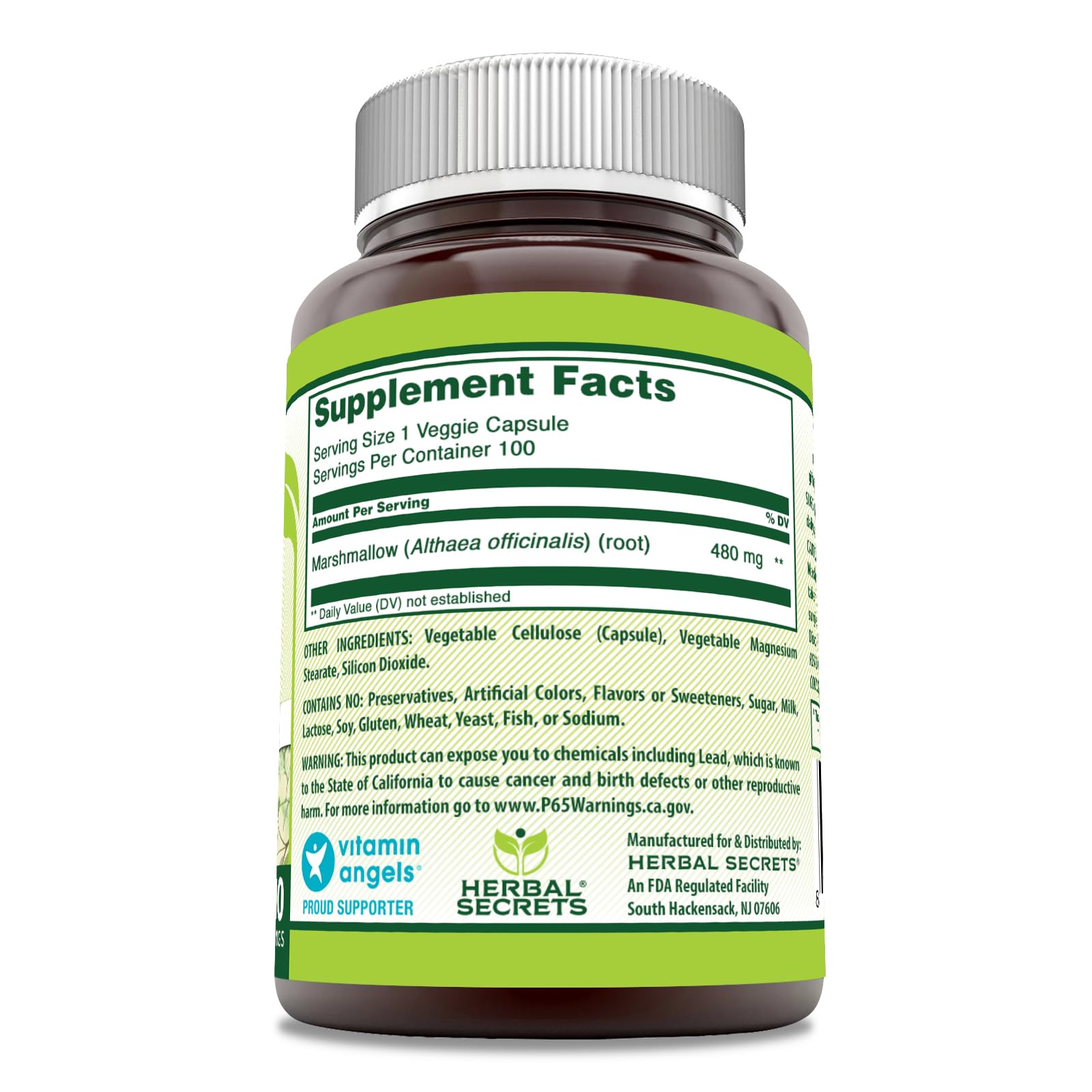 Herbal Secrets Marshmallow Root Extract 480mg bottle side view