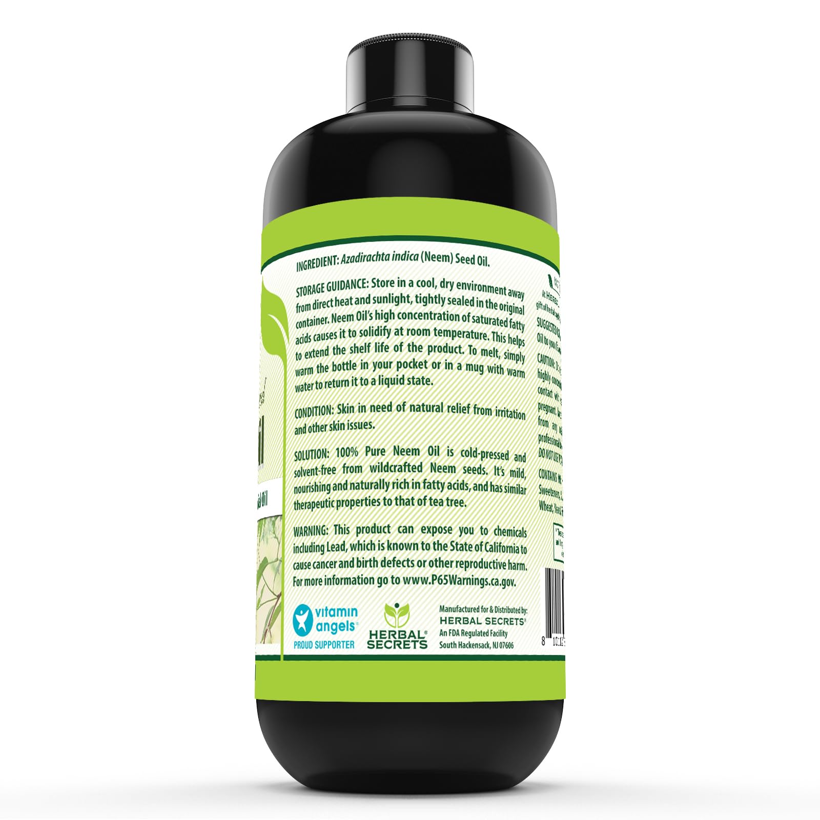 Herbal Secrets Neem Seed Oil 100% cold pressed 454g bottle side view