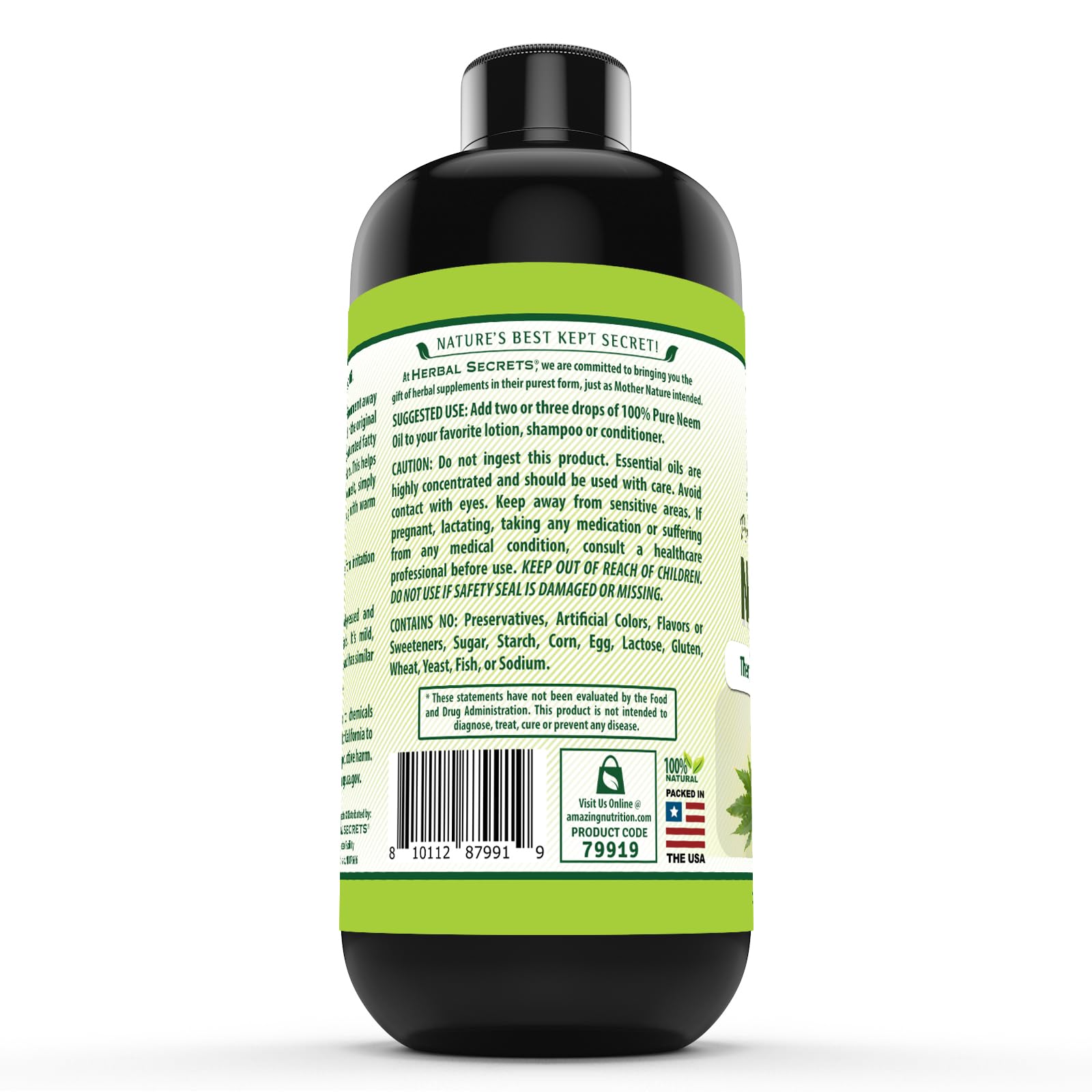 Herbal Secrets Neem Seed Oil 100% cold pressed 454g packaging details