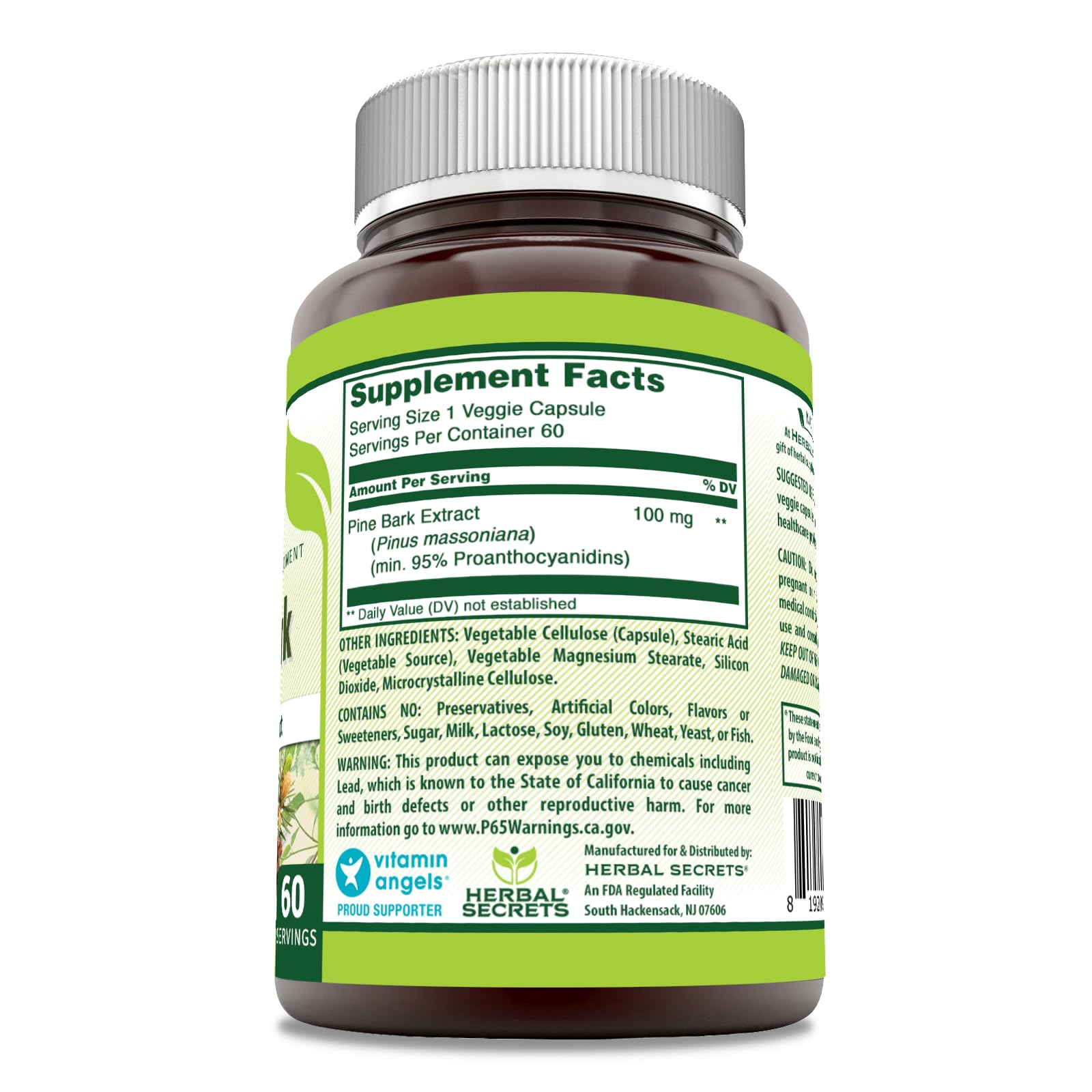 Herbal Secrets Pine Bark Extract 100mg bottle side view