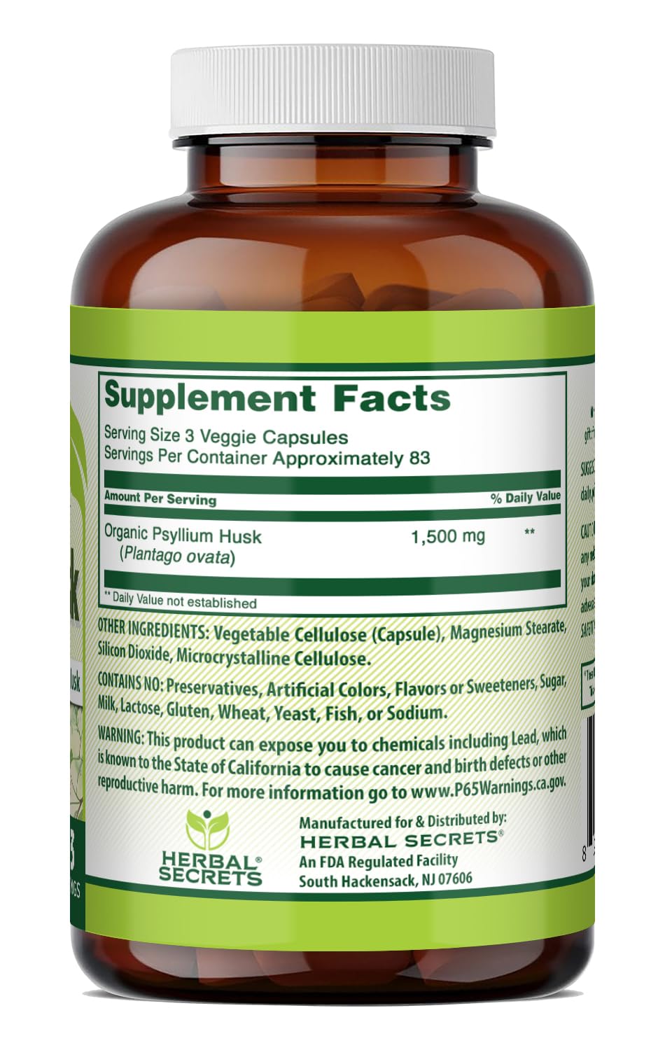 Herbal Secrets Psyllium Husk 500mg Veggie Capsules bottle side view