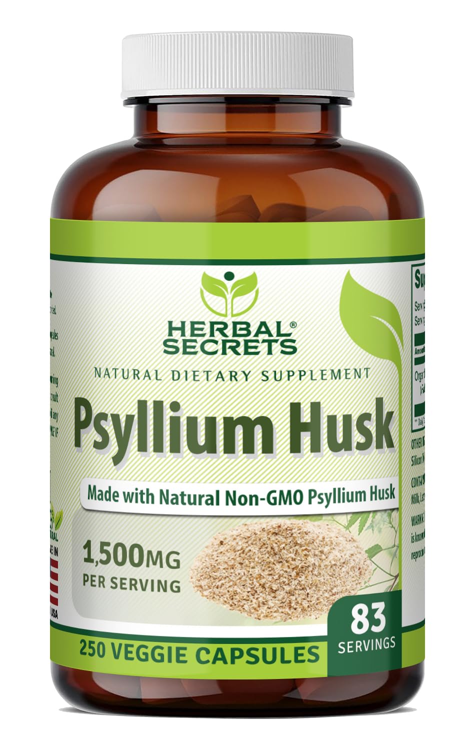 Herbal Secrets Psyllium Husk 500mg Veggie Capsules front view