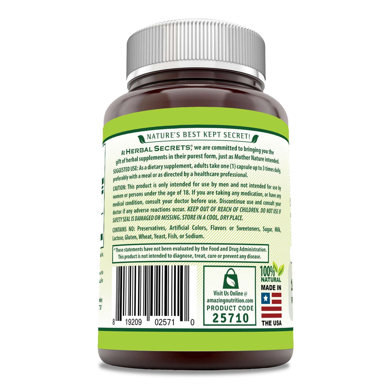 Herbal Secrets Saw Palmetto Complex 1200 mg capsules on a wooden surface