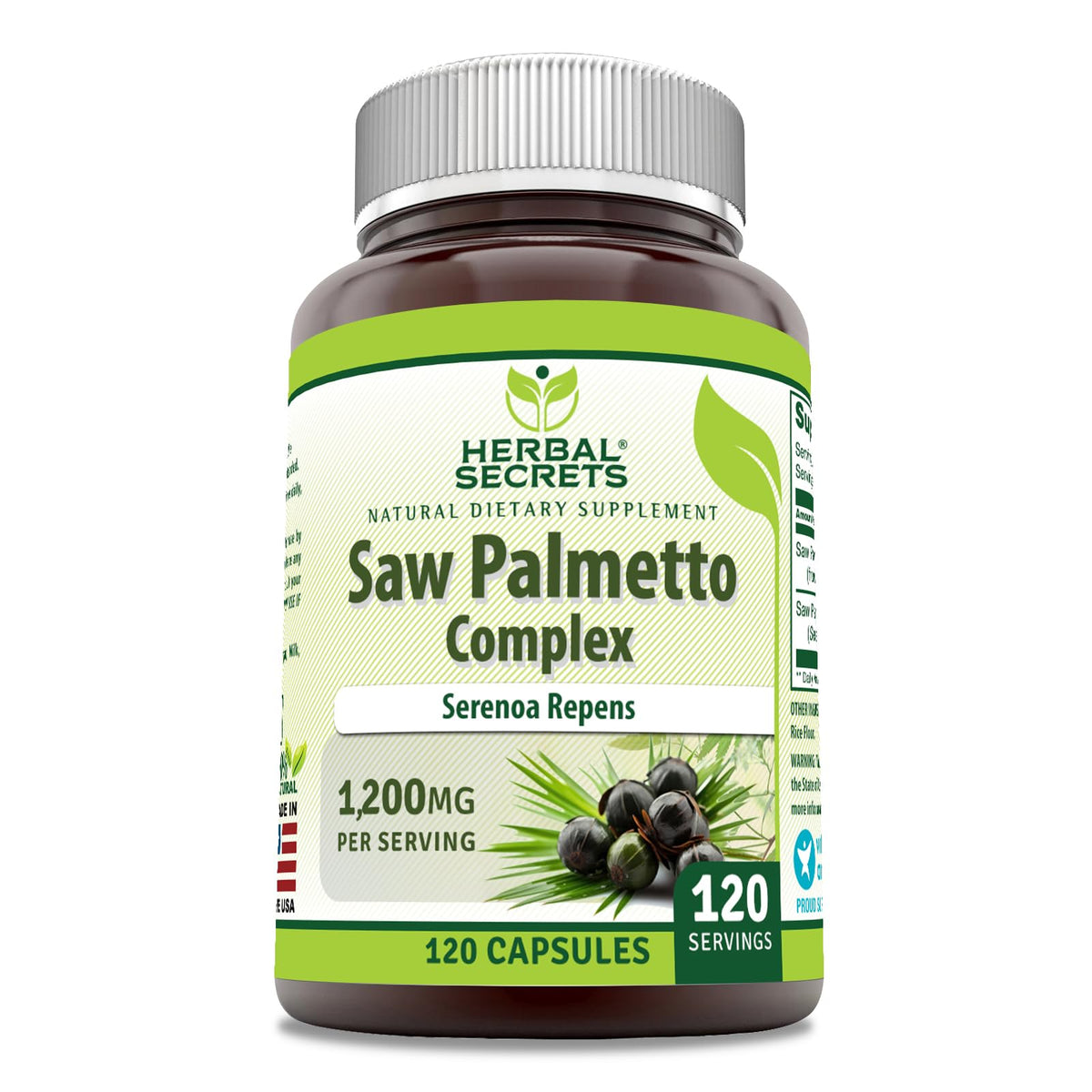 Herbal Secrets Saw Palmetto Complex 1200 mg supplement bottle front view