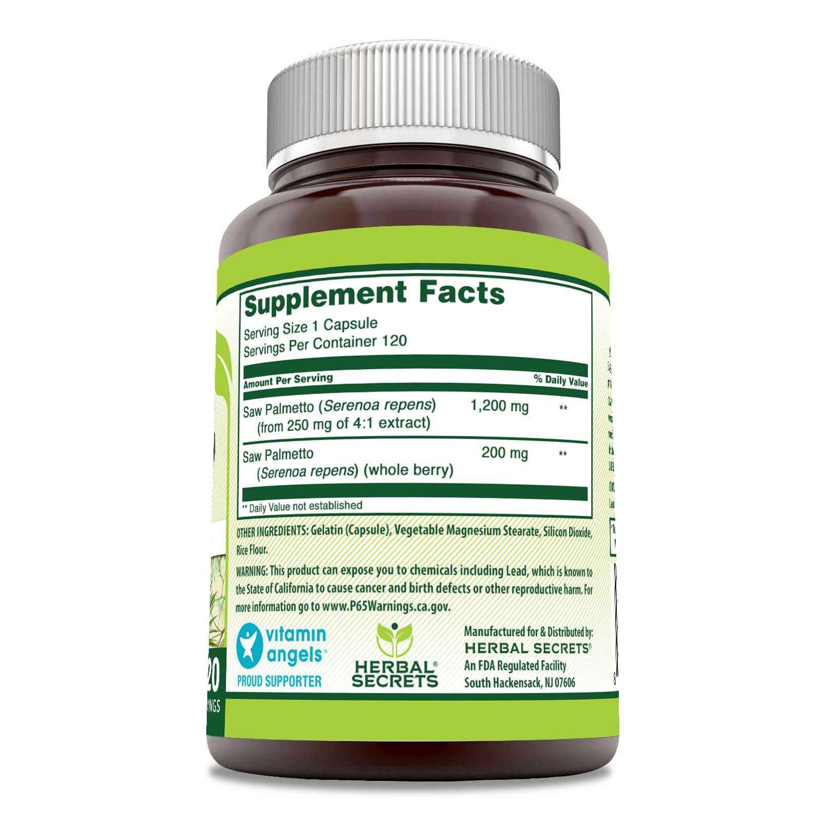 Herbal Secrets Saw Palmetto Complex 1200 mg supplement bottle side view