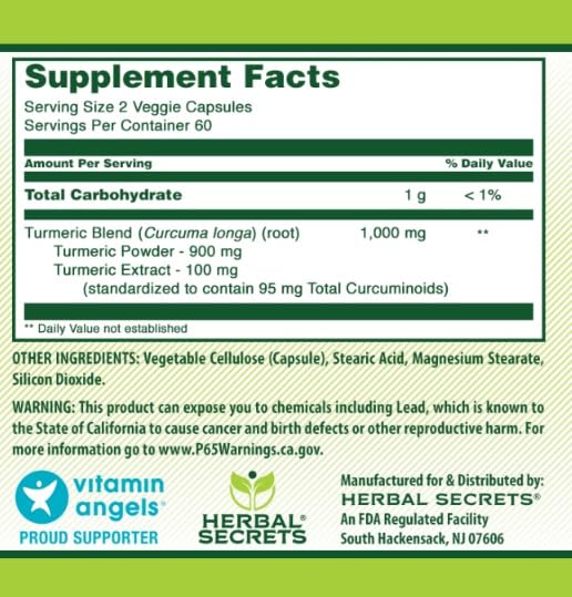 Herbal Secrets Turmeric Curcumin Supplement 900mg ingredients list