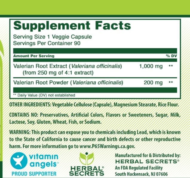 Herbal Secrets Valerian Complex 1200mg bottle side view
