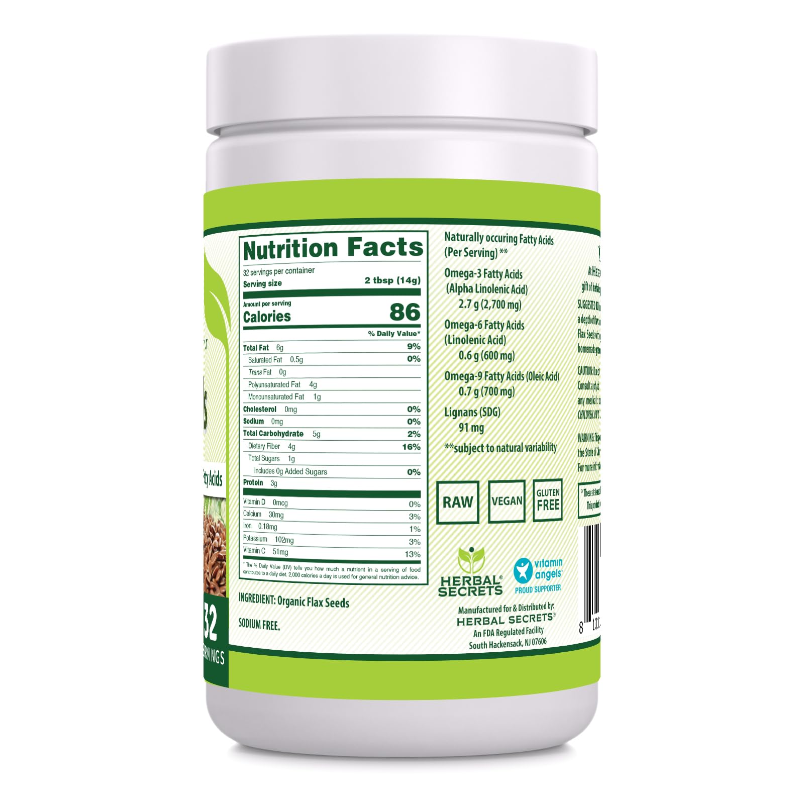 Herbal Secrets Whole Flax Seeds nutritional information on the back