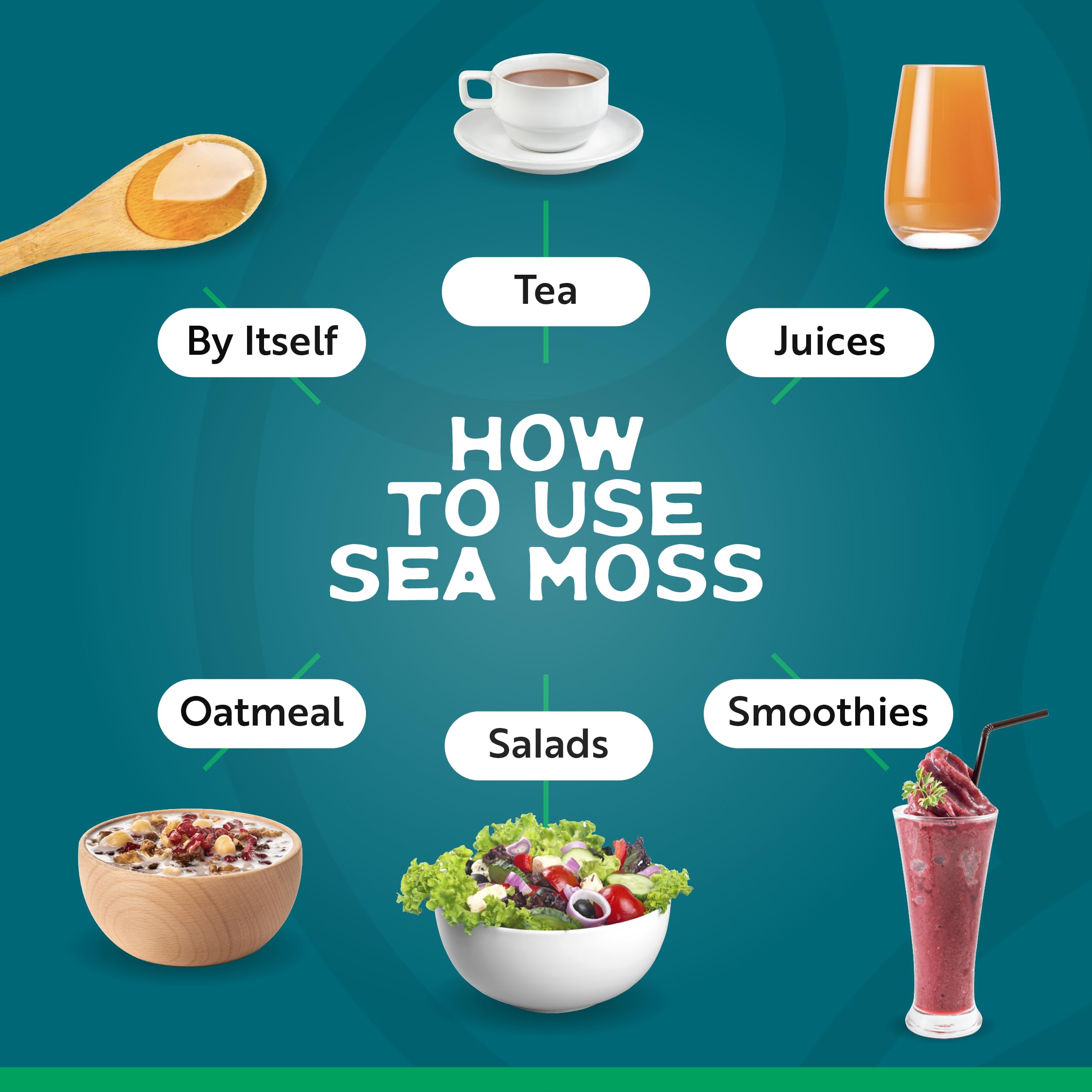 Herbal Vineyards Organic Wildcrafted Gold Raw Sea Moss displayed with herbal teas