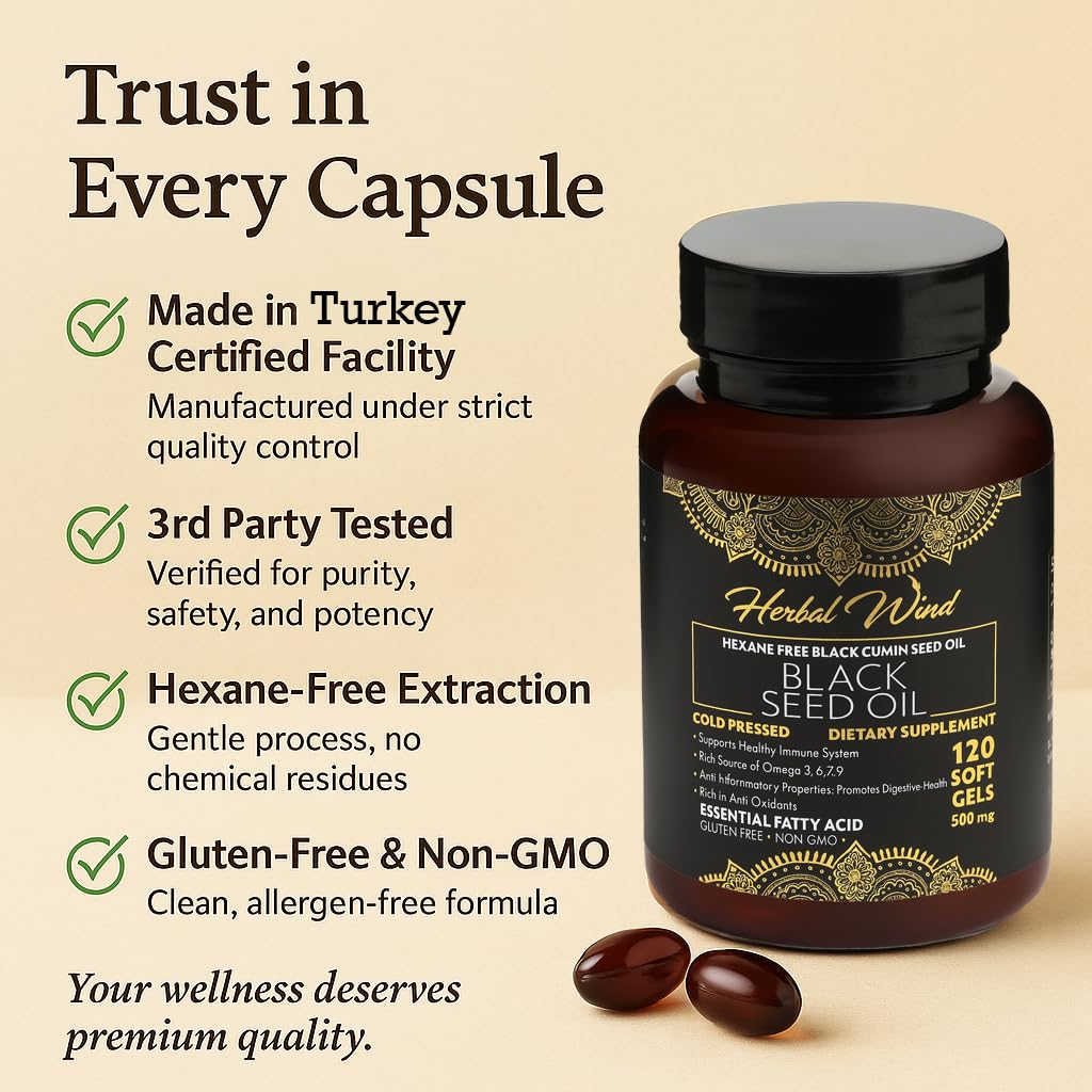 Herbal Wind Black Seed Oil 500mg softgels bottle with label