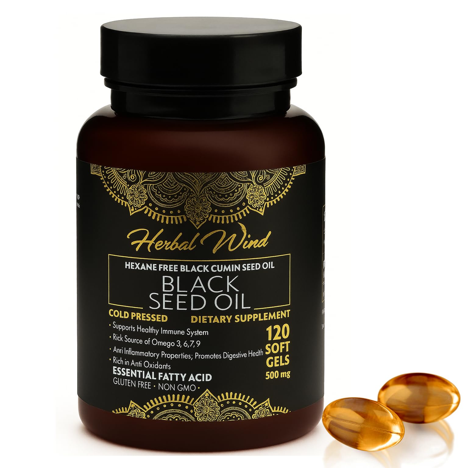 Herbal Wind Black Seed Oil 500mg softgels front view