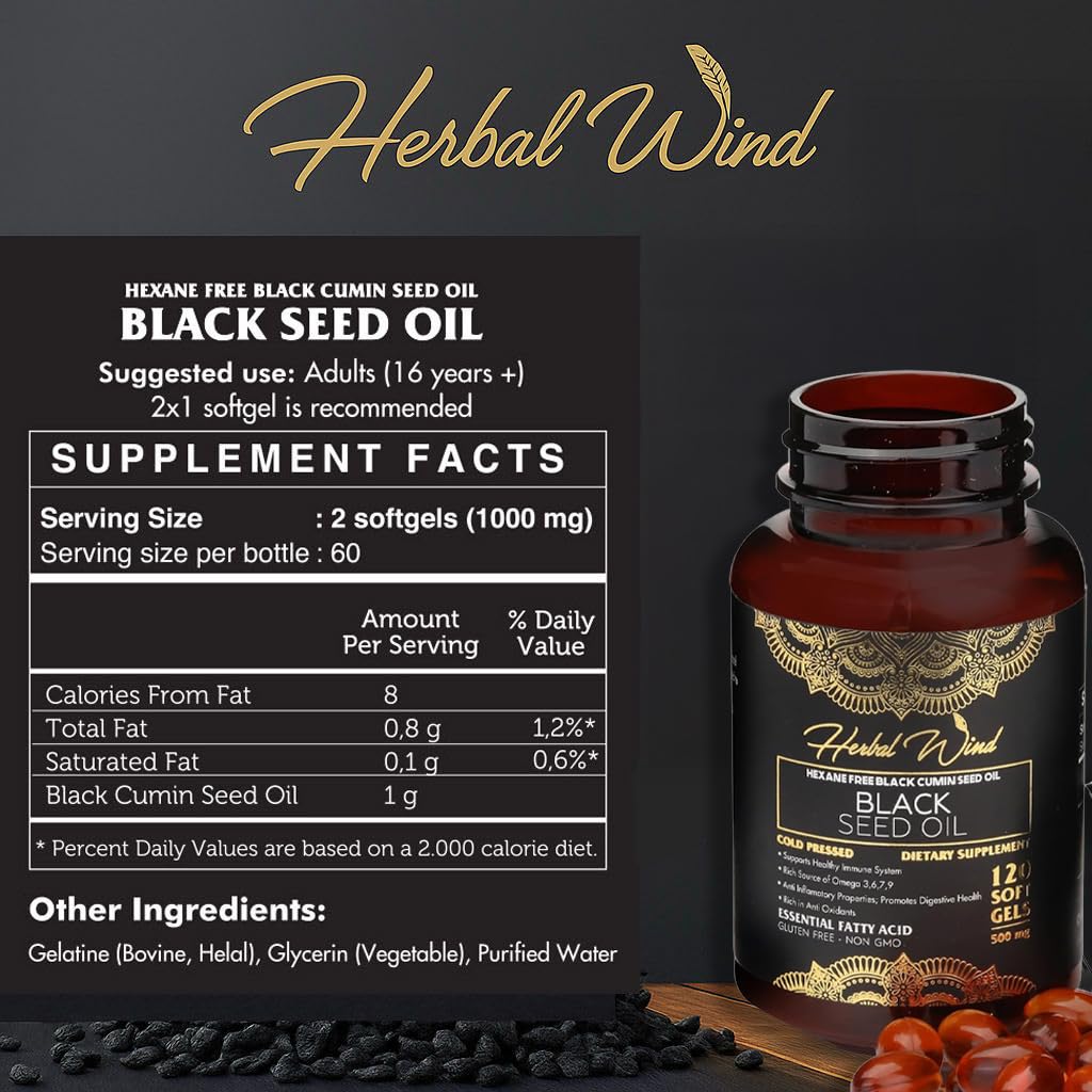 Herbal Wind Black Seed Oil 500mg softgels side view