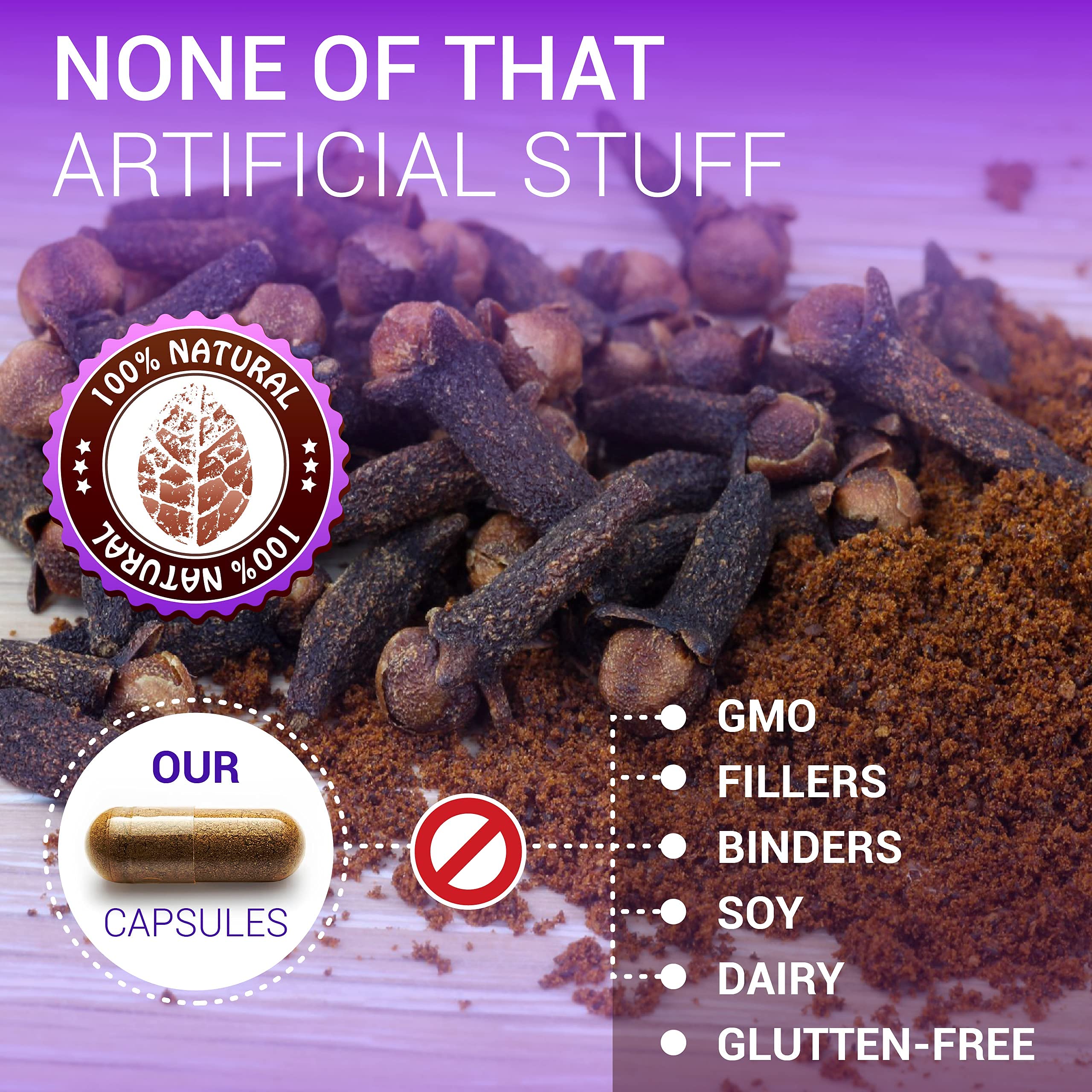 HERBALICIOUS Clove Capsules on a wooden table background