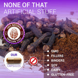 HERBALICIOUS Clove Capsules on a wooden table background