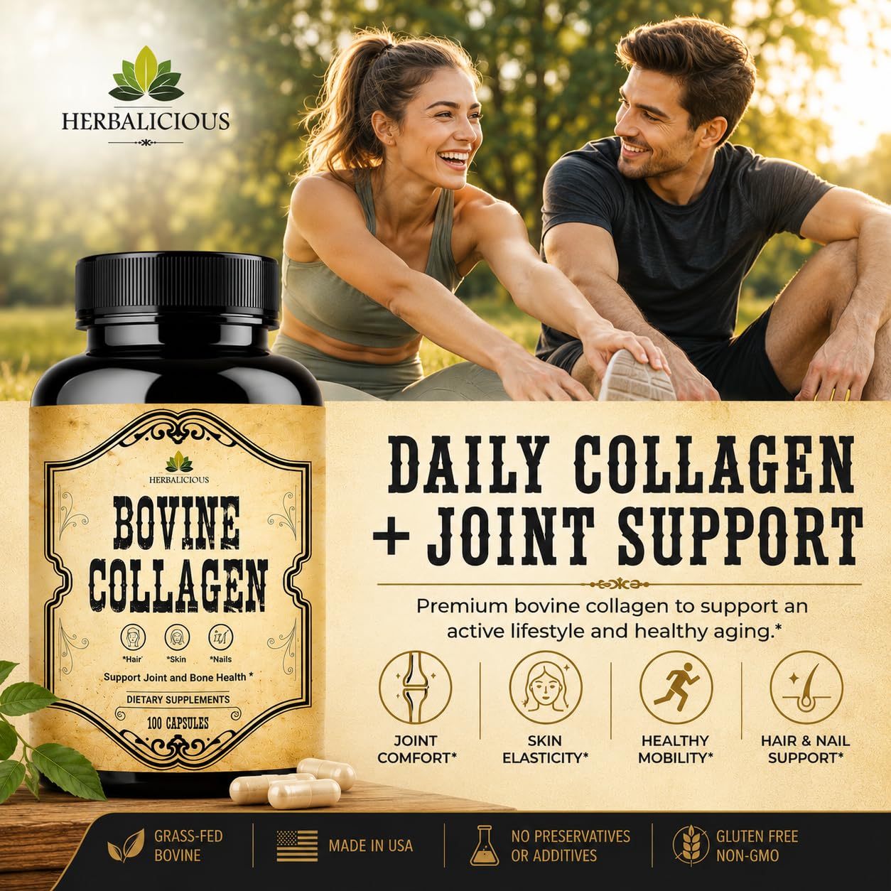 HERBALICIOUS Collagen Capsules side view showing dosage information
